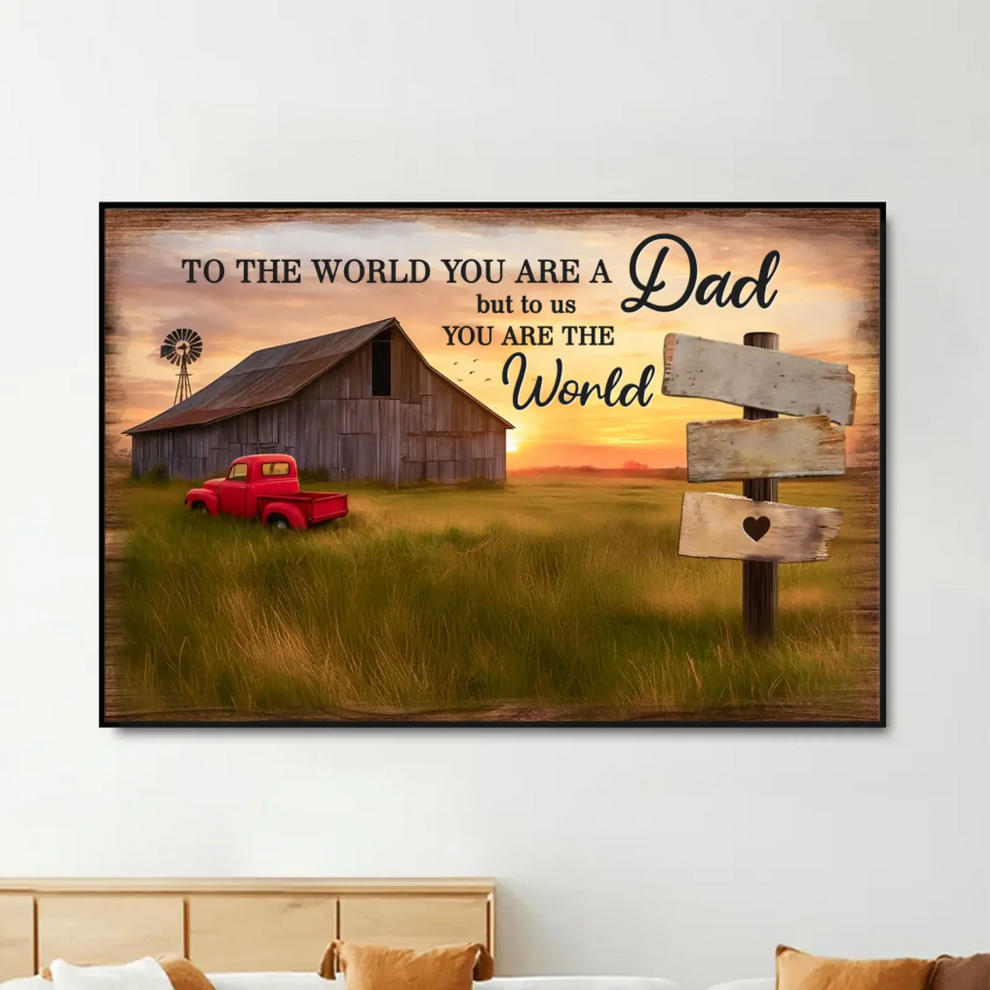Family Wood Sign with Sunset Farmhouse Scene – Personalized Poster/Canvas – Gift for Dad, Husband & Grandpa Ezcustomize