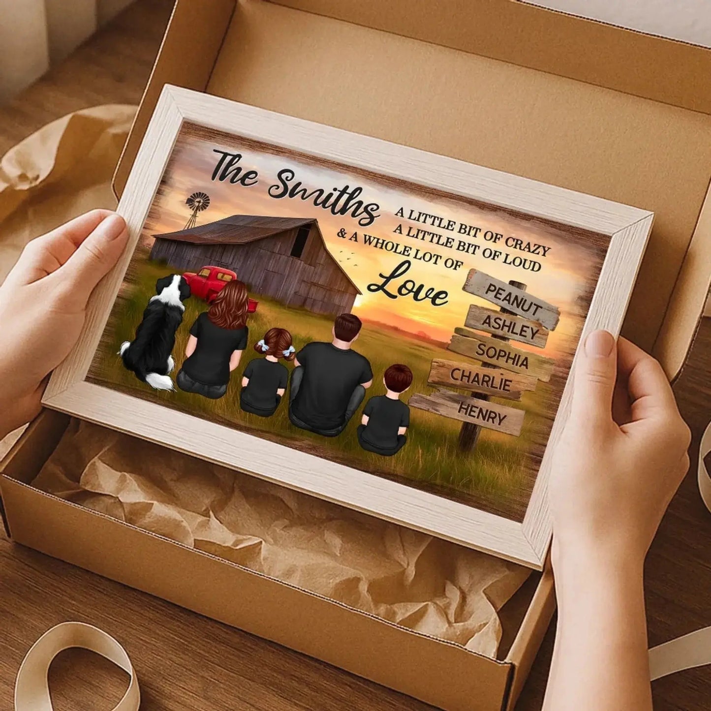 Family Wood Sign with Sunset Farmhouse Scene – Personalized Poster/Canvas – Gift for Dad, Husband & Grandpa Ezcustomize