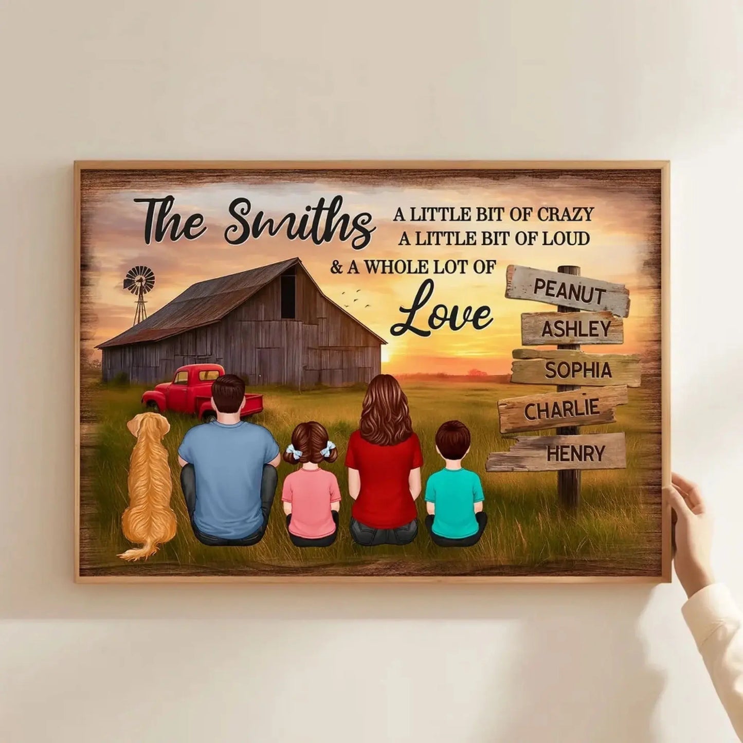 Family Wood Sign with Sunset Farmhouse Scene – Personalized Poster/Canvas – Gift for Dad, Husband & Grandpa Ezcustomize