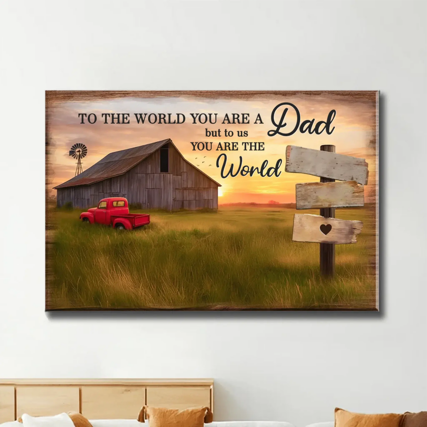 Family Wood Sign with Sunset Farmhouse Scene – Personalized Poster/Canvas – Gift for Dad, Husband & Grandpa Ezcustomize