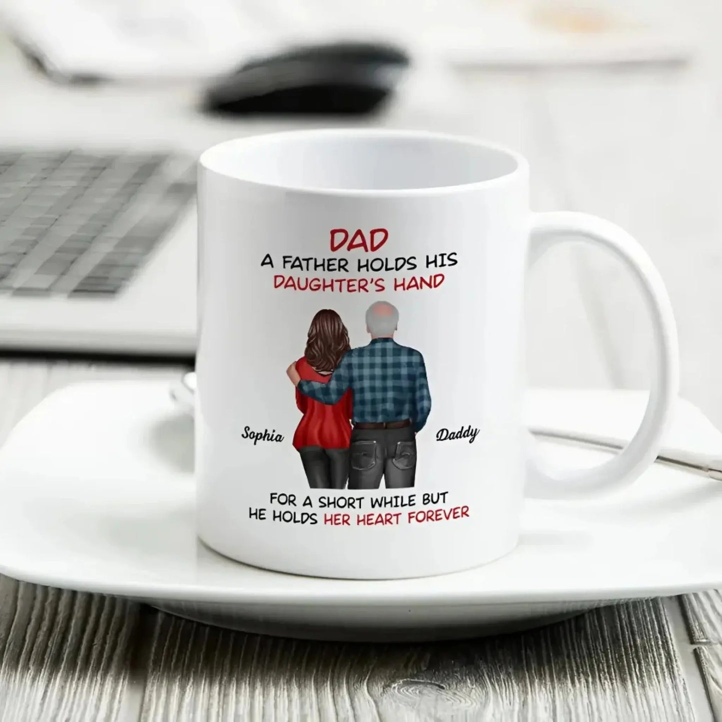 Father & Daughter Mug – “A Father Holds His Daughter’s Hand” Personalized Back View Gift for Dad or Grandpa Ezcustomize