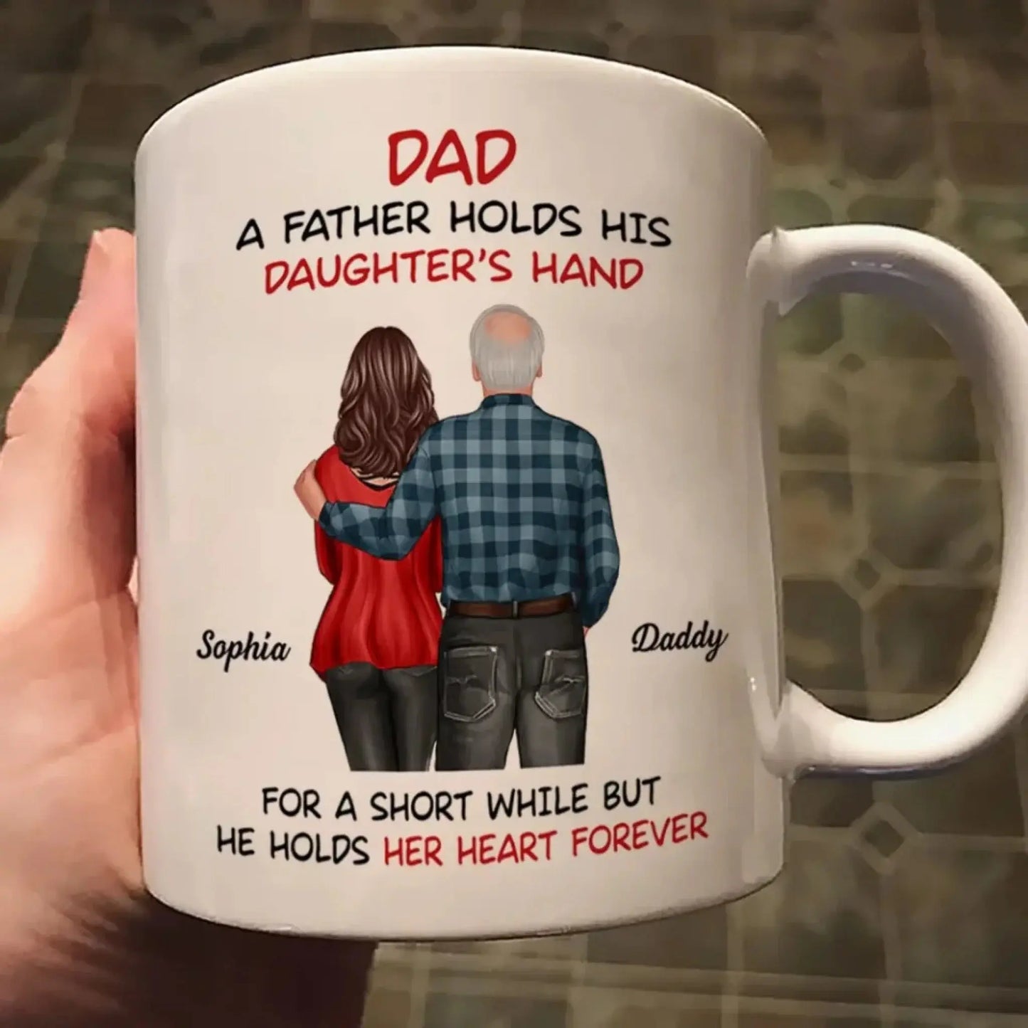 Father & Daughter Mug – “A Father Holds His Daughter’s Hand” Personalized Back View Gift for Dad or Grandpa Ezcustomize