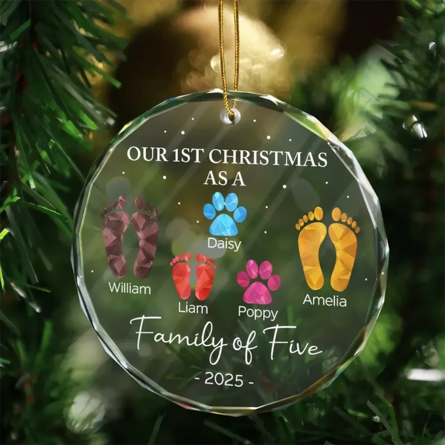 First Christmas As A Family Of Four Footprints - Personalized Circle Glass Ornament Ezcustomize