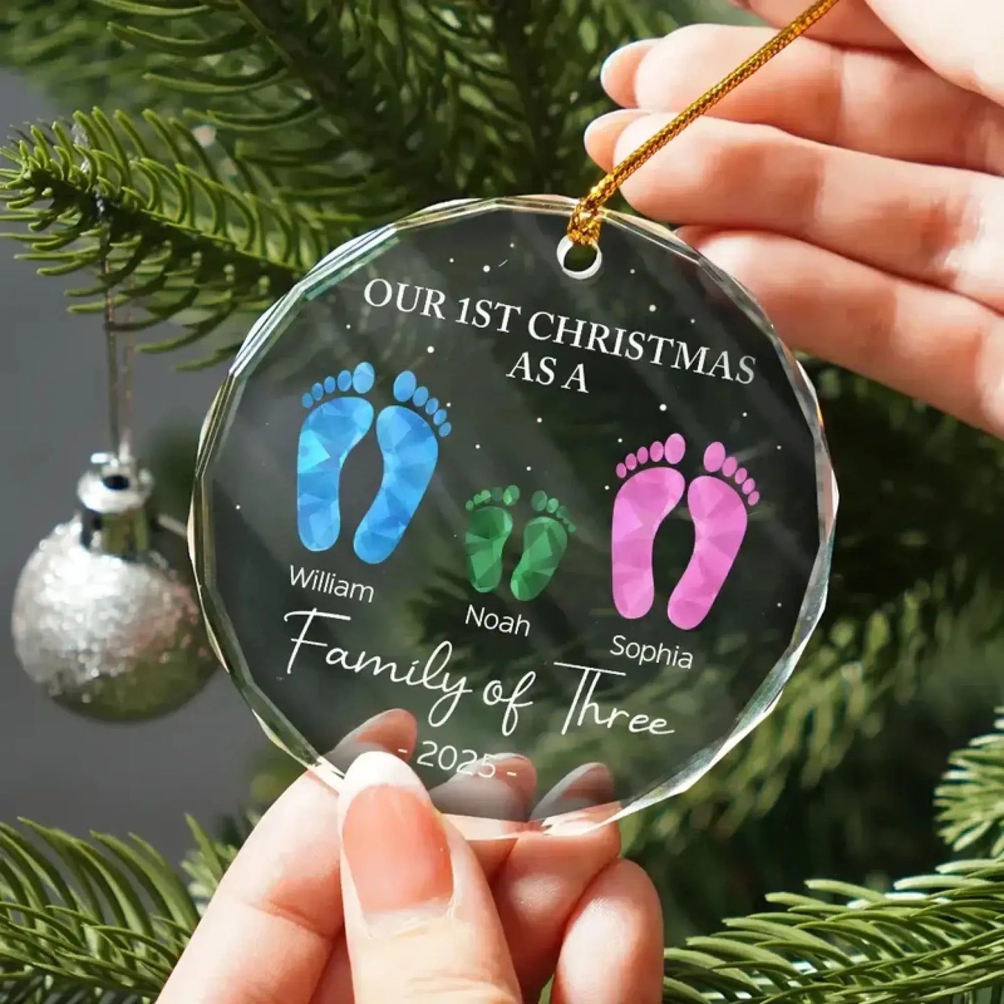 First Christmas As A Family Of Four Footprints - Personalized Circle Glass Ornament Ezcustomize