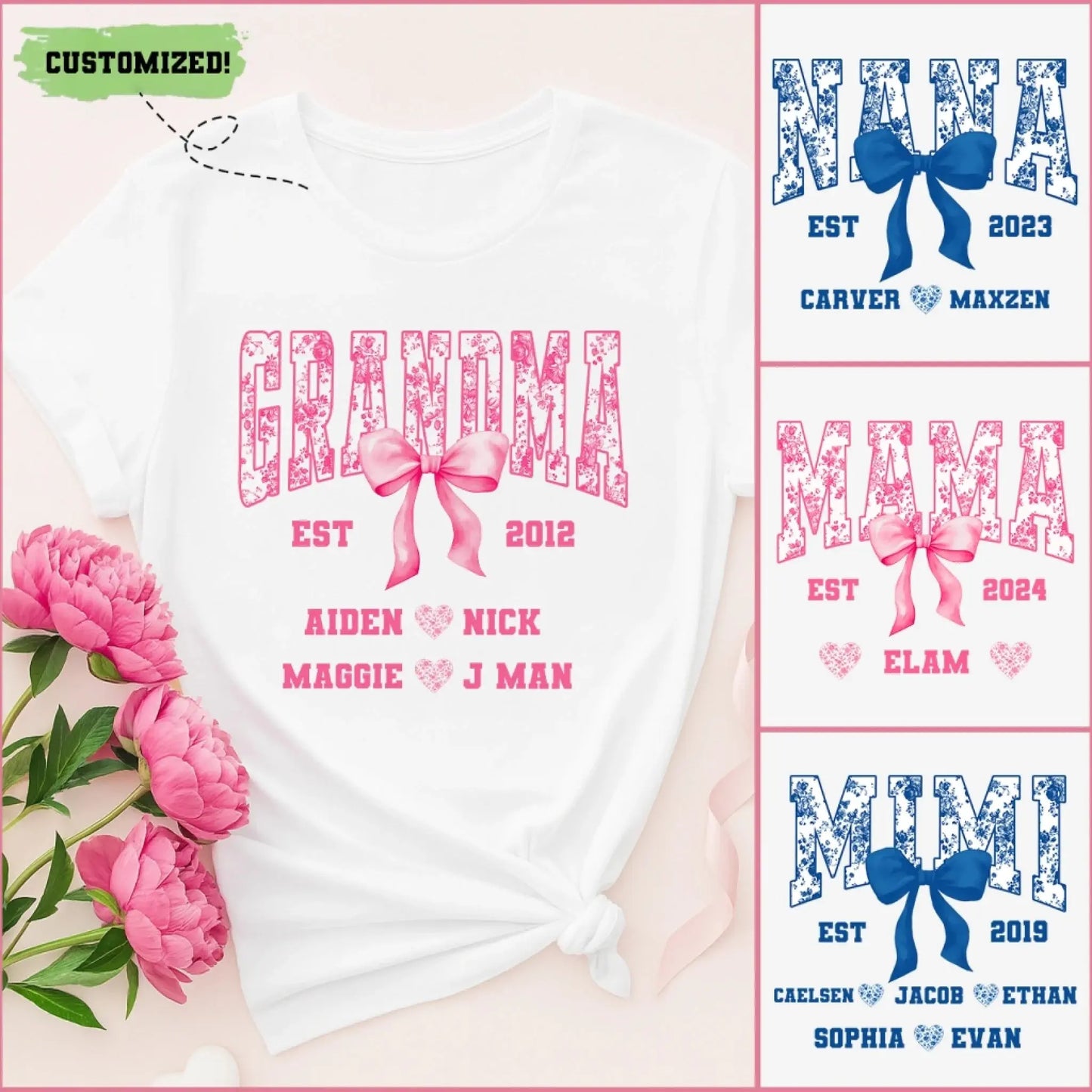 Floral Grandma Shirt with Bow – Personalized Name & Year T-Shirt Gift for Nana, Gigi, Mimi, Grandma Ezcustomize