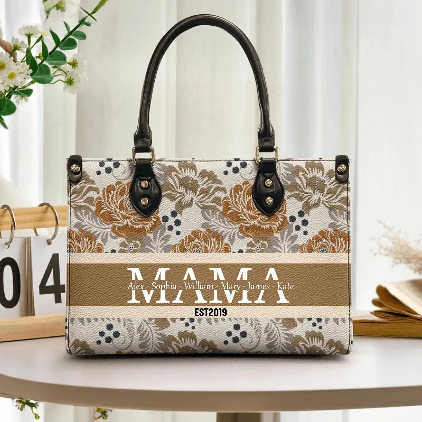 Floral Mom, Mama, Grandma, Gigi, Nana Bag – Personalized Leather Handbag with Kids' Names – Custom Gift for Her Ezcustomize