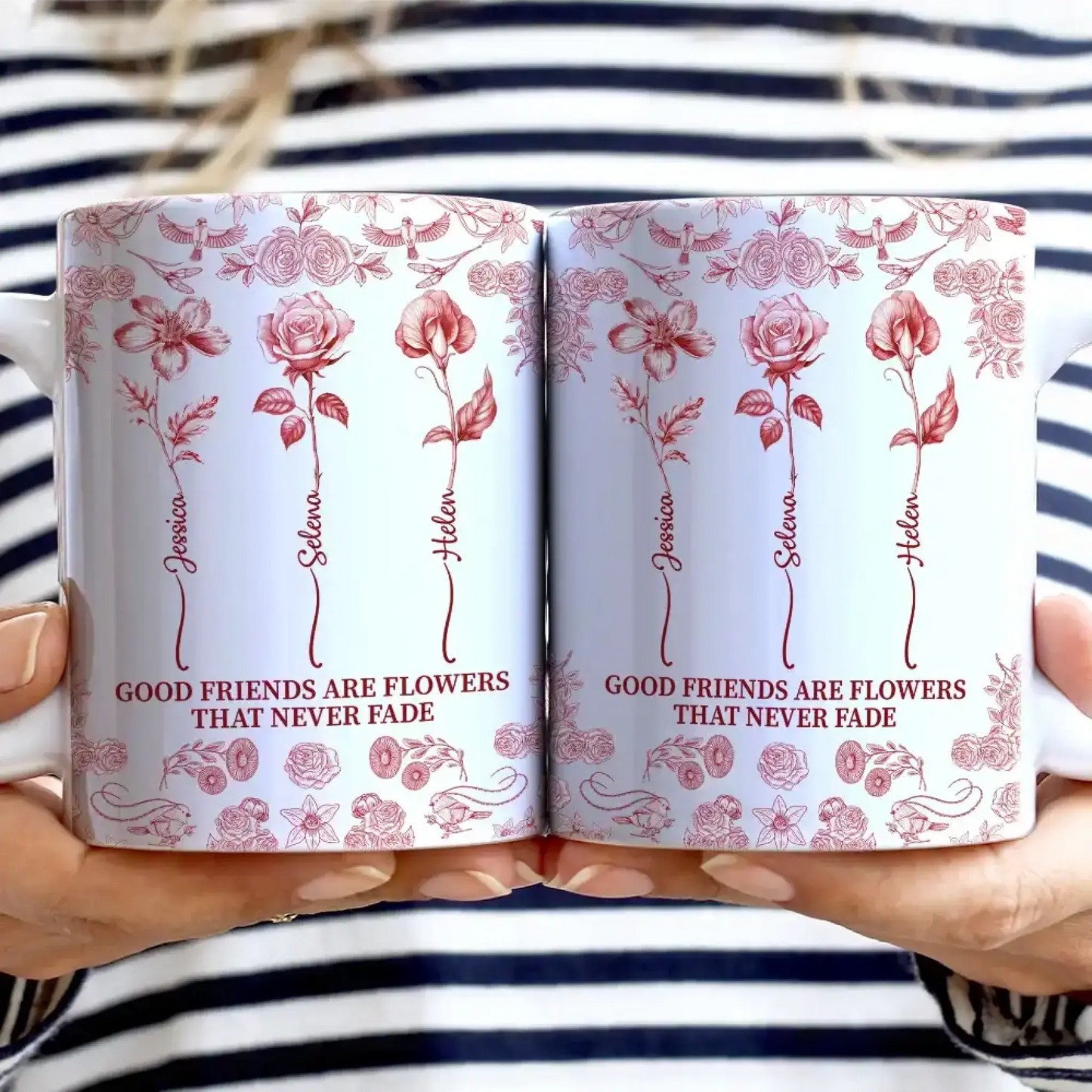 Friendship White Ceramic Mug with Clear Print and Floral Details, Simple Everyday Style, Gift-Ready for Loved Ones Ezcustomize