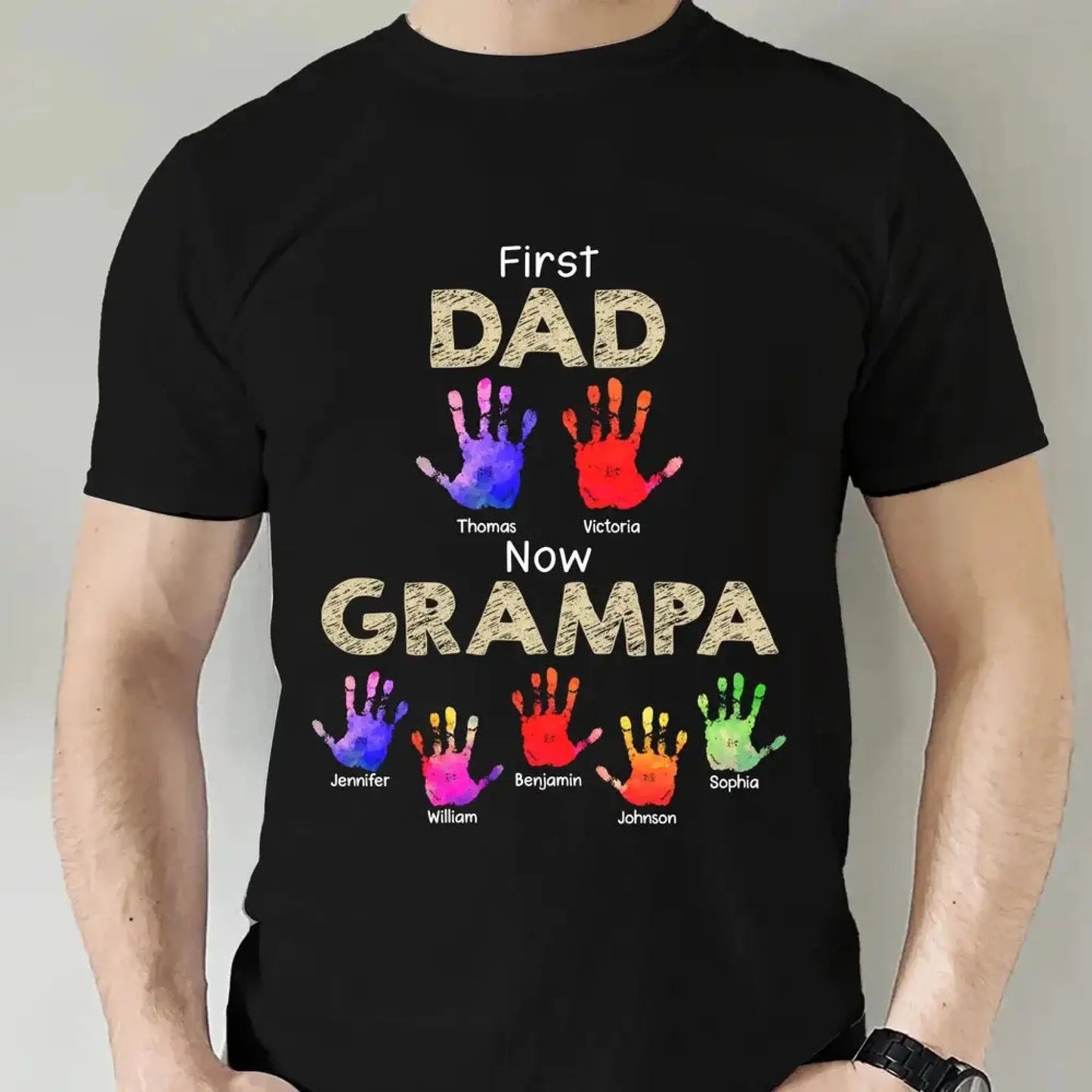 From Dad to Grandpa – Custom Handprint Back View T-Shirt – Father's Day or Birthday Gift for Dad or Grandpa Ezcustomize