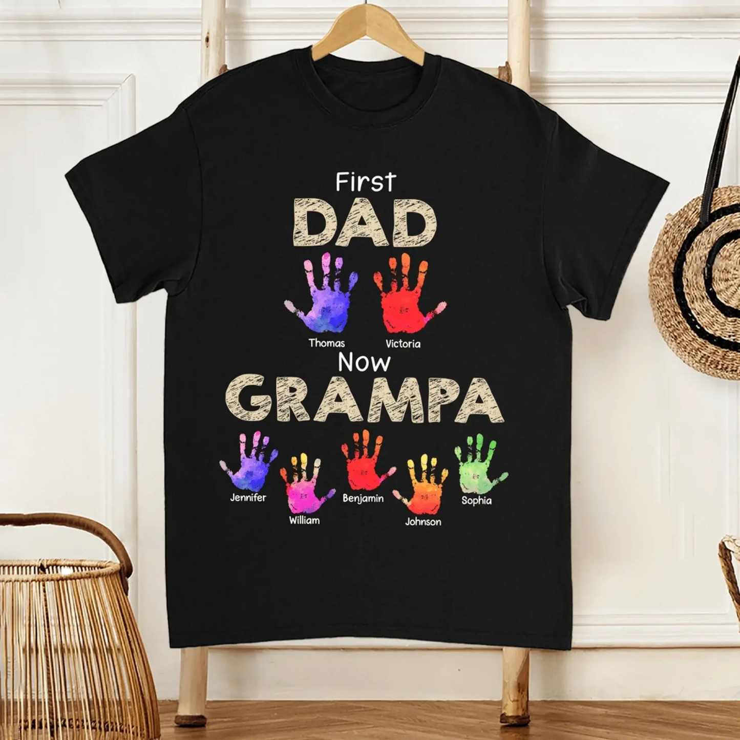 From Dad to Grandpa – Custom Handprint Back View T-Shirt – Father's Day or Birthday Gift for Dad or Grandpa Ezcustomize