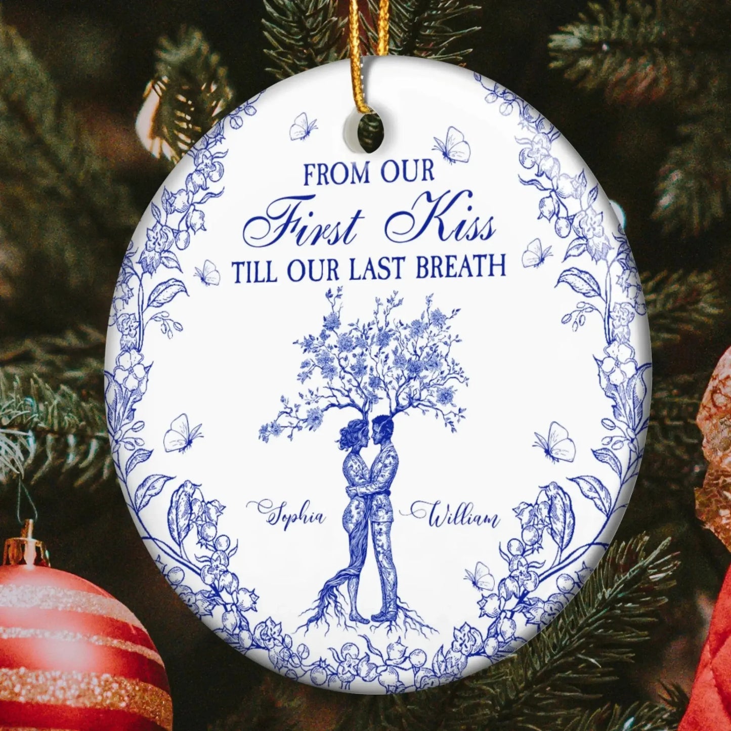 From Our First Kiss Till Our Last Breath Toile de Jouy – Personalized Ceramic Ornament – Romantic Christmas Gift for Couples & Partners Ezcustomize