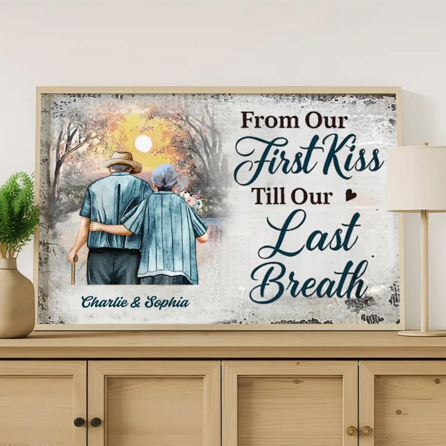 “From Our First Kiss Till Our Last Breath” – Personalized Elderly Couple Canvas/Poster with Names – Romantic Sunset Anniversary Gift Ezcustomize