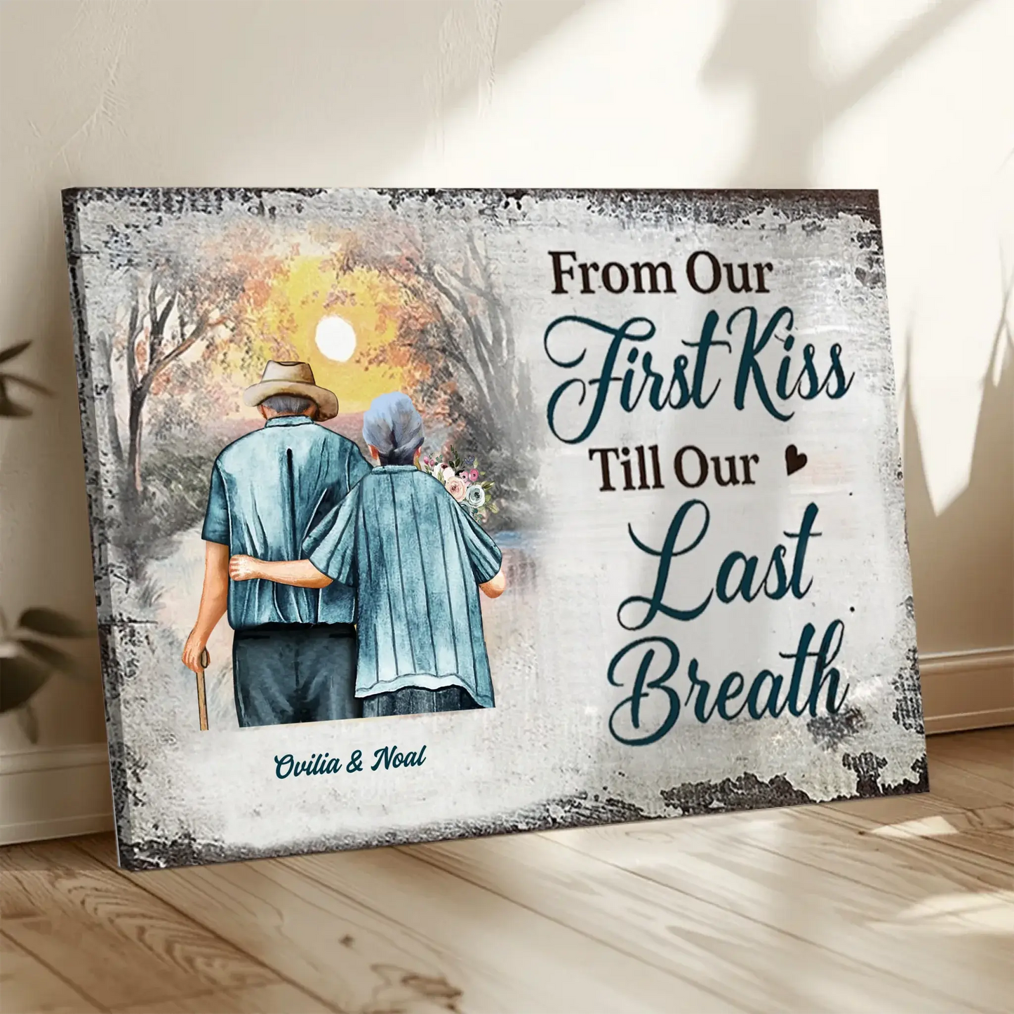 “From Our First Kiss Till Our Last Breath” – Personalized Elderly Couple Canvas/Poster with Names – Romantic Sunset Anniversary Gift Ezcustomize