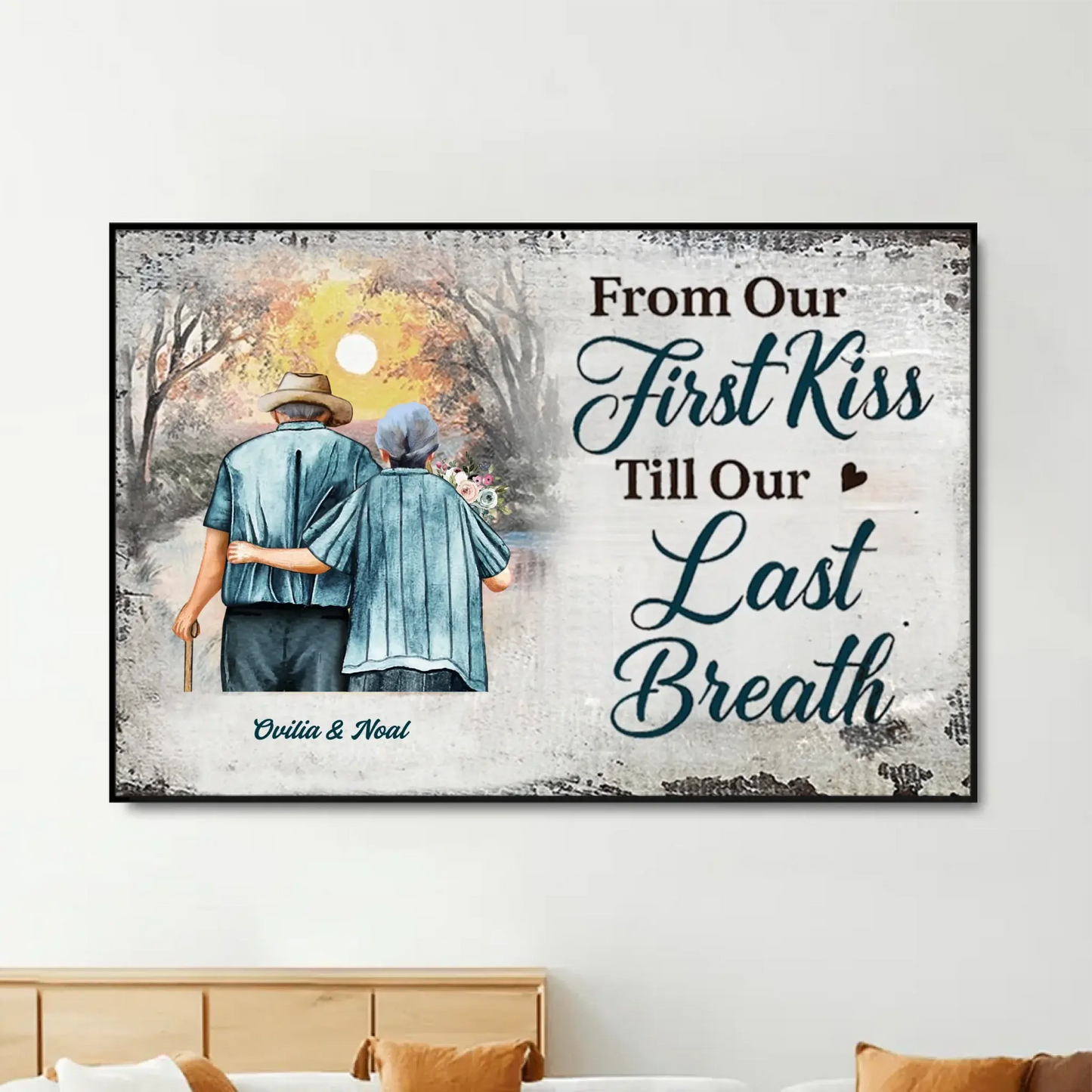 “From Our First Kiss Till Our Last Breath” – Personalized Elderly Couple Canvas/Poster with Names – Romantic Sunset Anniversary Gift Ezcustomize