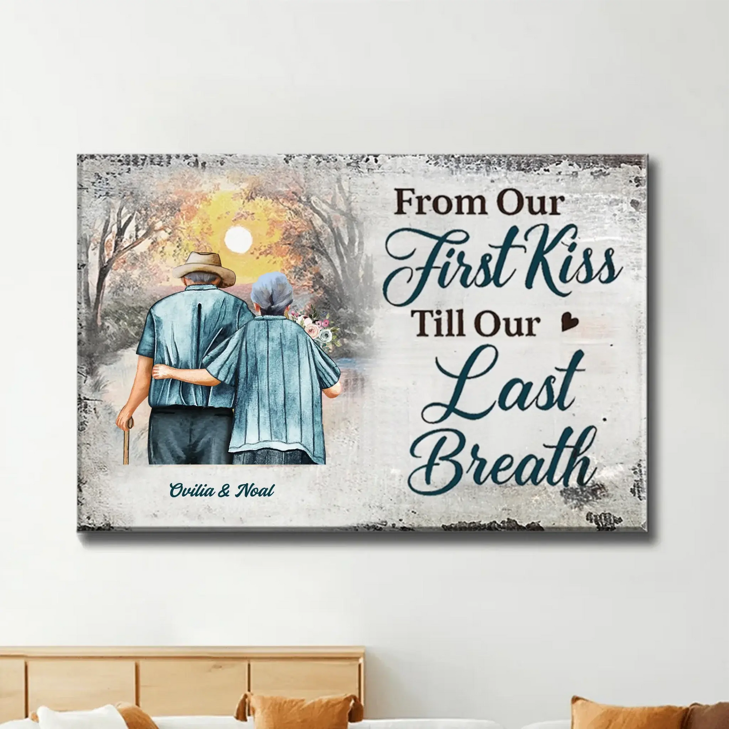 “From Our First Kiss Till Our Last Breath” – Personalized Elderly Couple Canvas/Poster with Names – Romantic Sunset Anniversary Gift Ezcustomize
