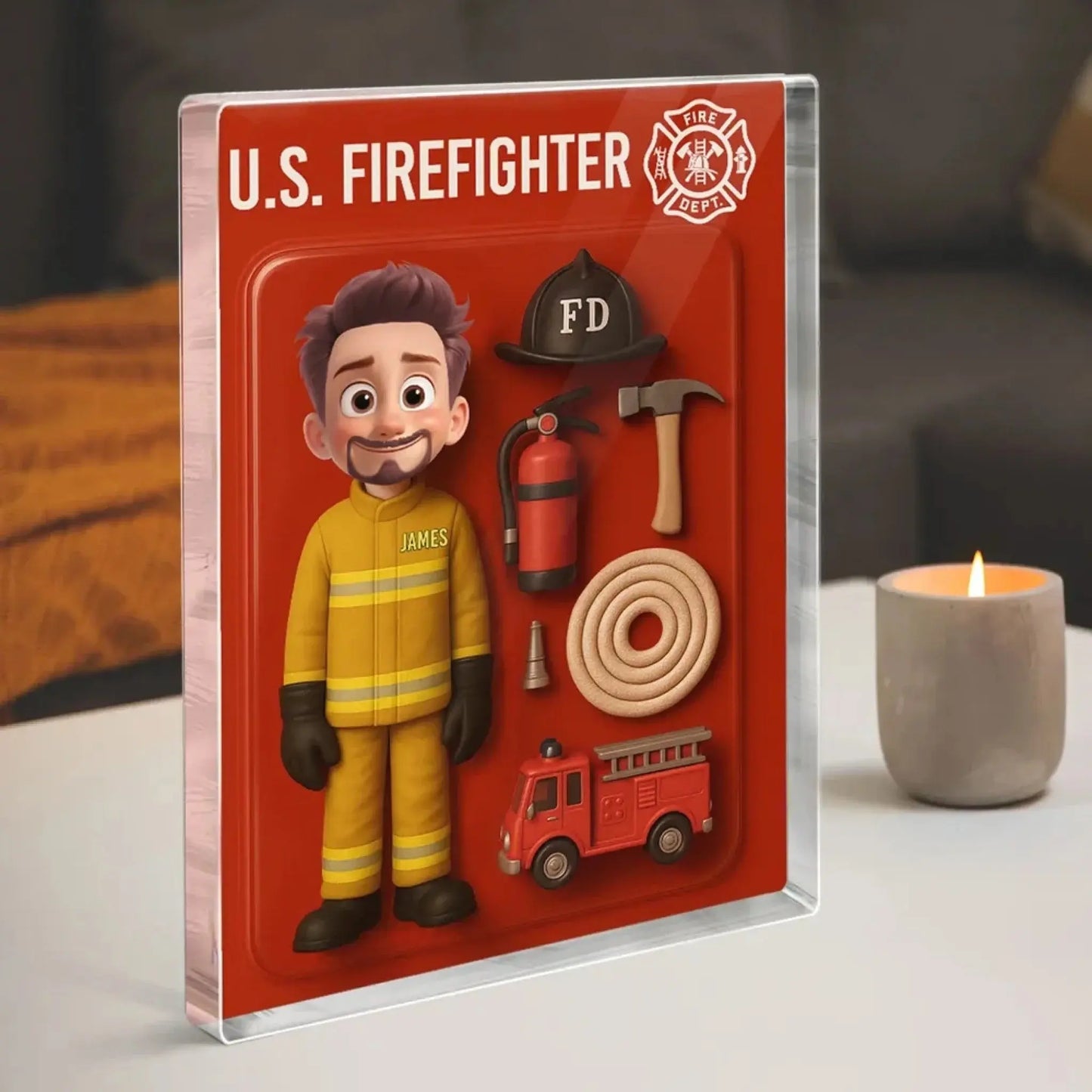 Funny Firefighter Cartoon Acrylic Plaque – Personalized 3D Effect Flat Custom Figure – Gift for Fireman Dad or Husband Ezcustomize