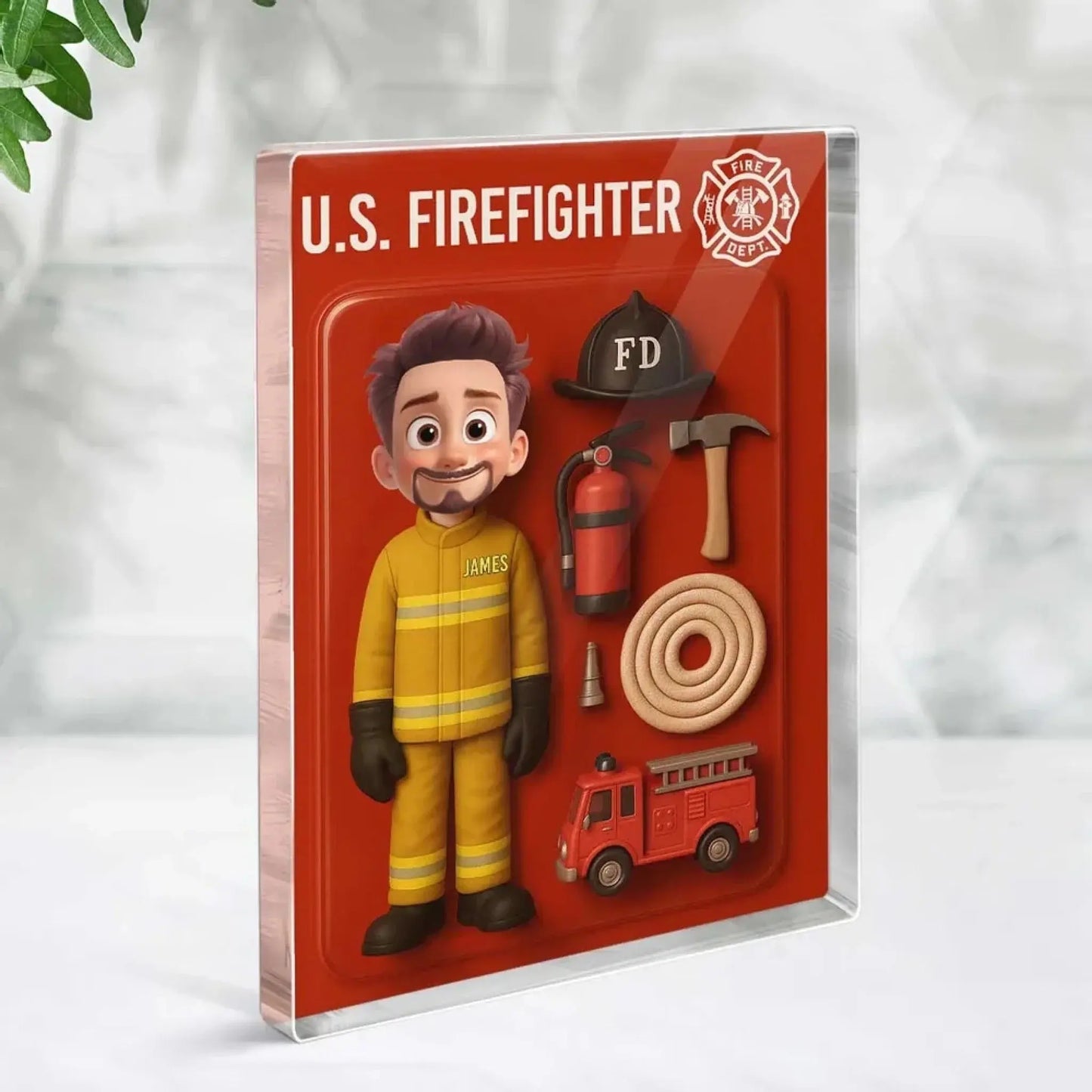 Funny Firefighter Cartoon Acrylic Plaque – Personalized 3D Effect Flat Custom Figure – Gift for Fireman Dad or Husband Ezcustomize