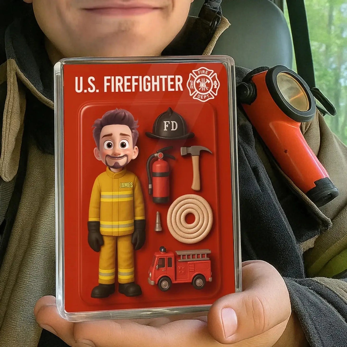 Funny Firefighter Cartoon Acrylic Plaque – Personalized 3D Effect Flat Custom Figure – Gift for Fireman Dad or Husband Ezcustomize