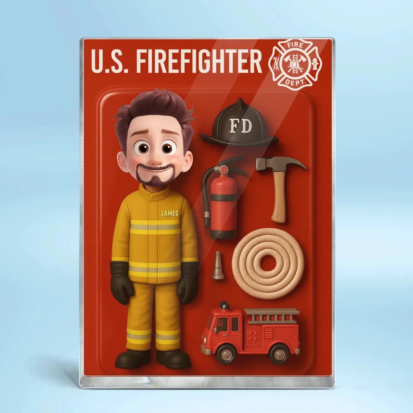 Funny Firefighter Cartoon Acrylic Plaque – Personalized 3D Effect Flat Custom Figure – Gift for Fireman Dad or Husband Ezcustomize