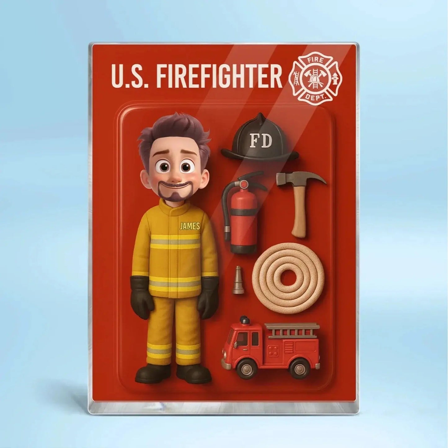 Funny Firefighter Cartoon Acrylic Plaque – Personalized 3D Effect Flat Custom Figure – Gift for Fireman Dad or Husband Ezcustomize