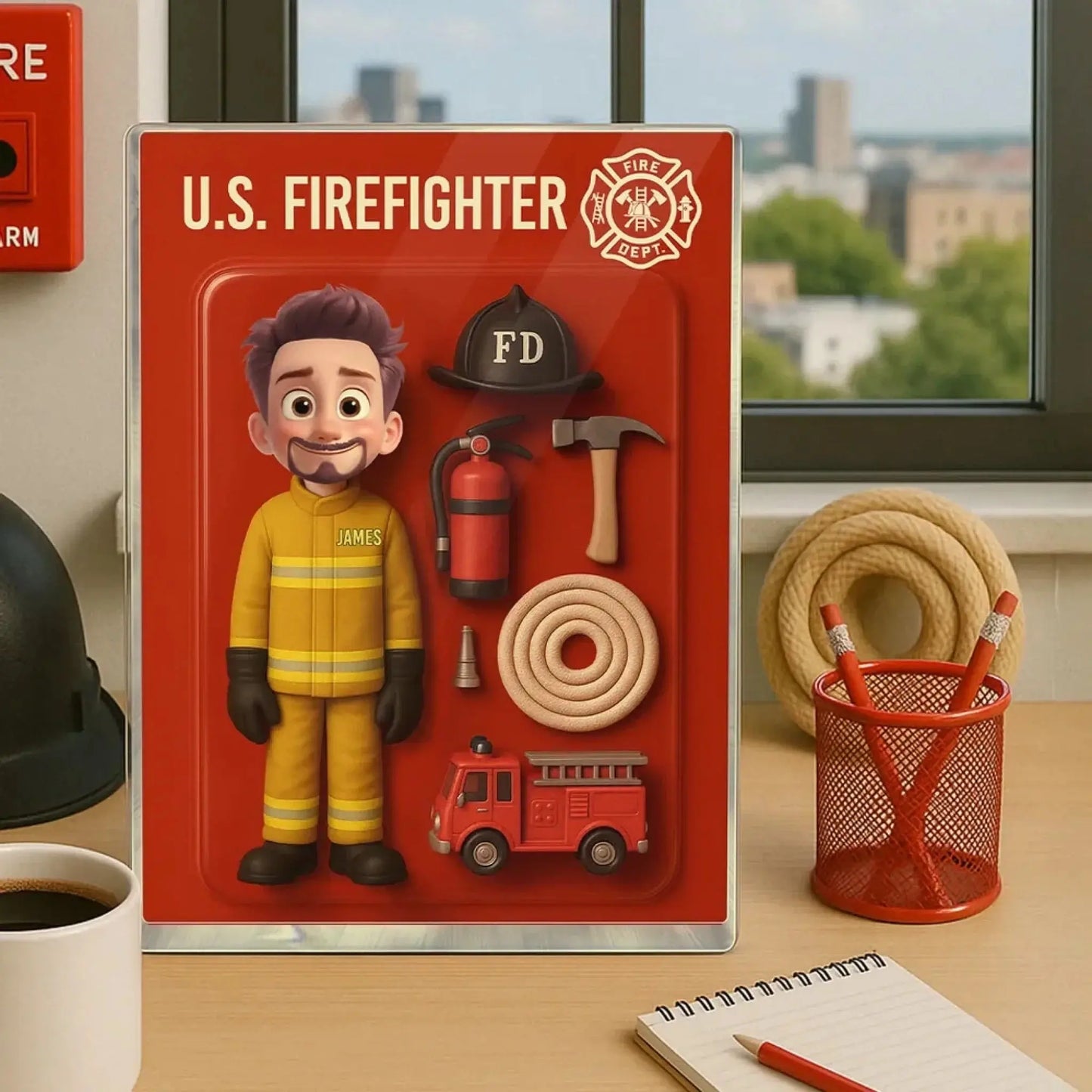 Funny Firefighter Cartoon Acrylic Plaque – Personalized 3D Effect Flat Custom Figure – Gift for Fireman Dad or Husband Ezcustomize