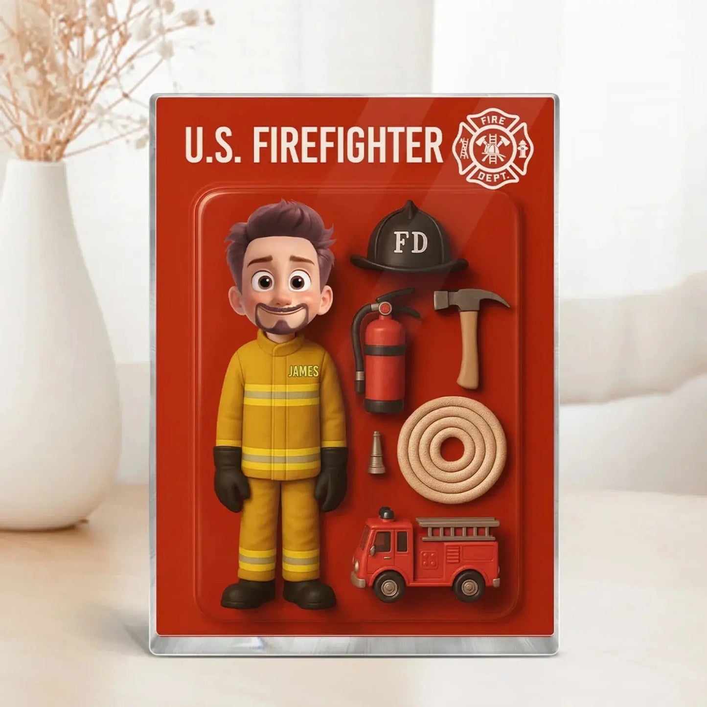 Funny Firefighter Cartoon Acrylic Plaque – Personalized 3D Effect Flat Custom Figure – Gift for Fireman Dad or Husband Ezcustomize