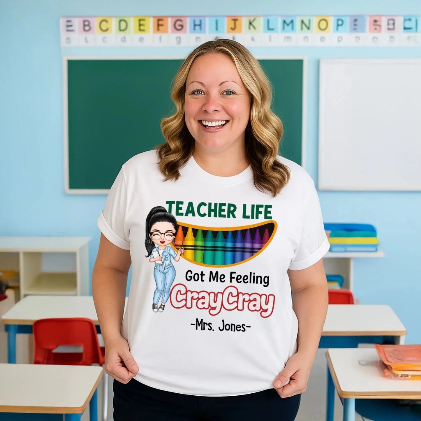 Funny Teacher Life Got Me Feeling Cray Cray Shirt – Personalized Cartoon Teacher Tee, Custom Back to School Gift for Pre-K & Kindergarten Ezcustomize