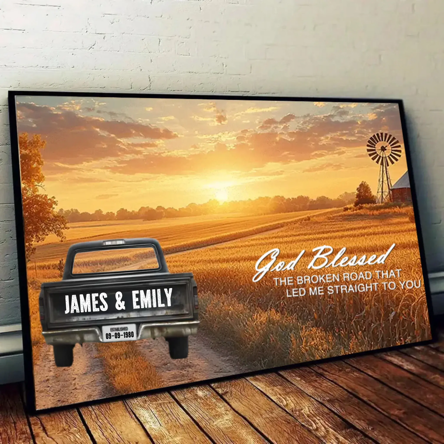 God Blessed The Broken Road Personalized Truck Canvas – Custom Couple Name Wall Art, Romantic Country Sunset Print Gift for Anniversary, Wedding, Valentine’s Day Ezcustomize