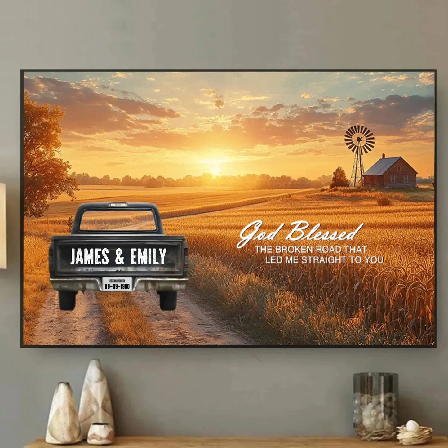 God Blessed The Broken Road Personalized Truck Canvas – Custom Couple Name Wall Art, Romantic Country Sunset Print Gift for Anniversary, Wedding, Valentine’s Day Ezcustomize