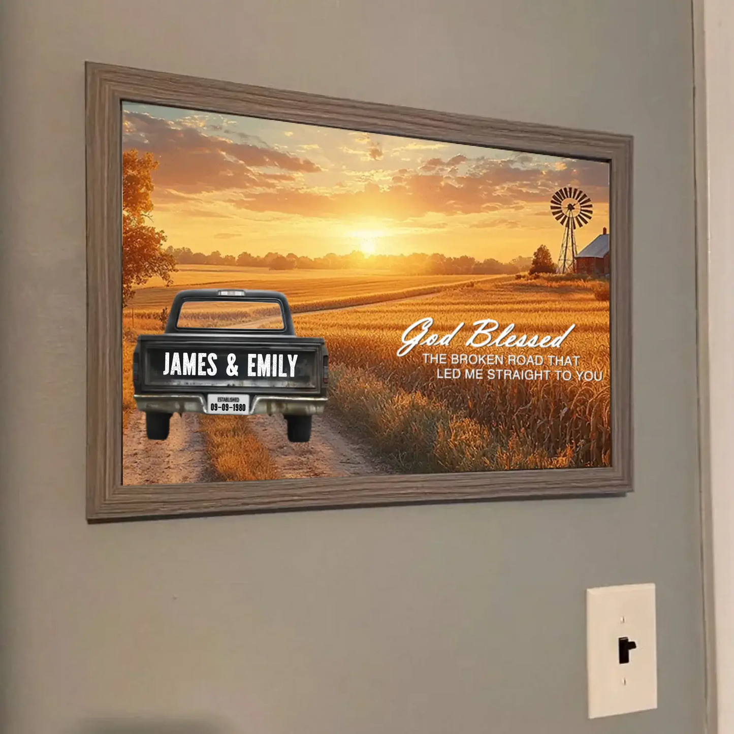 God Blessed The Broken Road Personalized Truck Canvas – Custom Couple Name Wall Art, Romantic Country Sunset Print Gift for Anniversary, Wedding, Valentine’s Day Ezcustomize