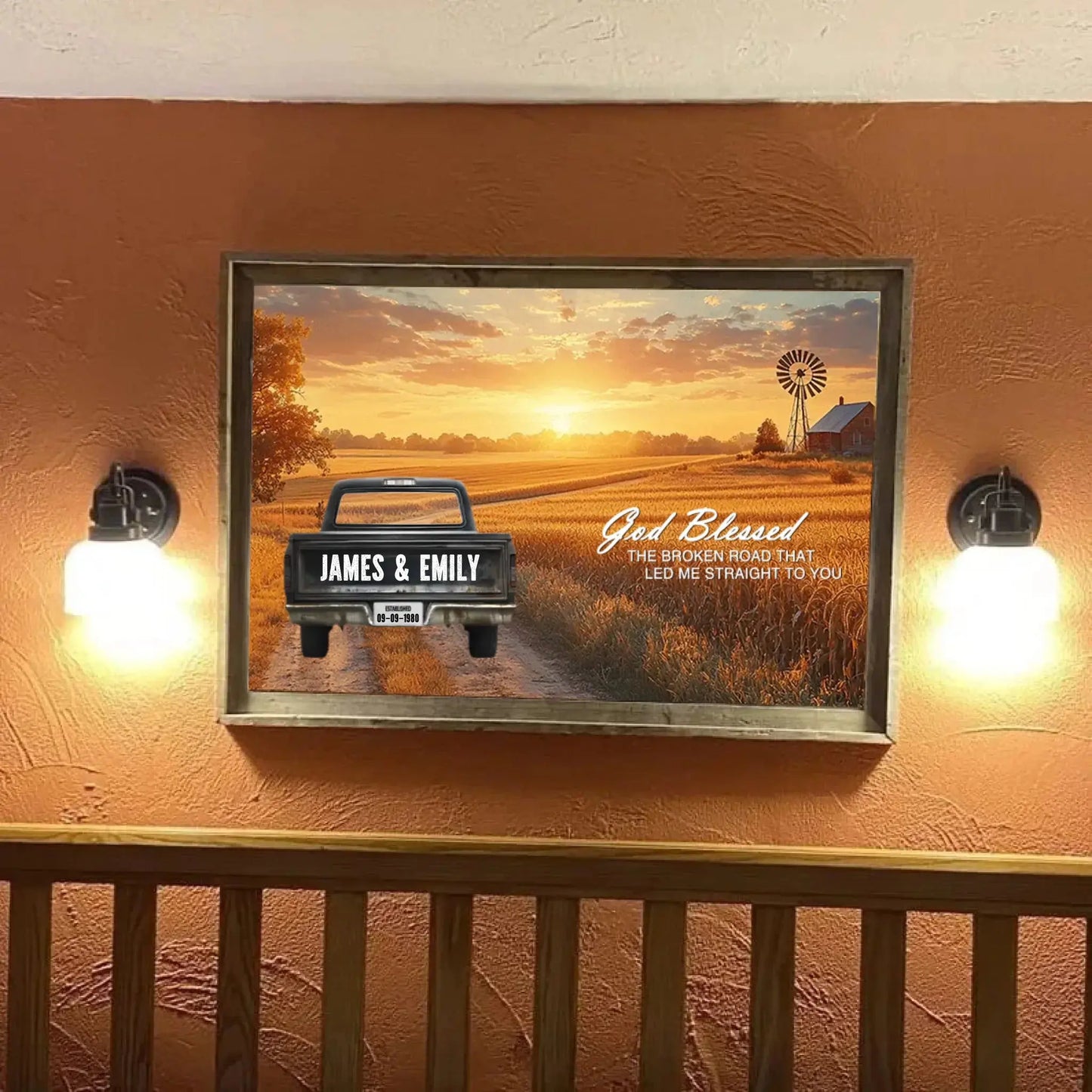 God Blessed The Broken Road Personalized Truck Canvas – Custom Couple Name Wall Art, Romantic Country Sunset Print Gift for Anniversary, Wedding, Valentine’s Day Ezcustomize