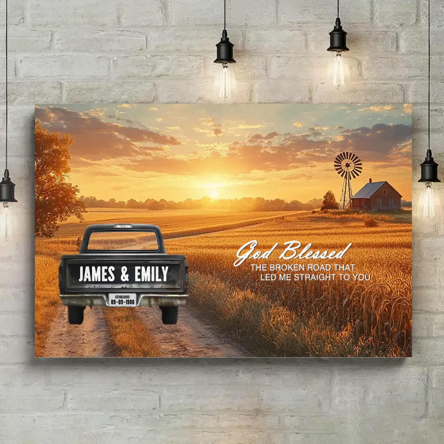God Blessed The Broken Road Personalized Truck Canvas – Custom Couple Name Wall Art, Romantic Country Sunset Print Gift for Anniversary, Wedding, Valentine’s Day Ezcustomize