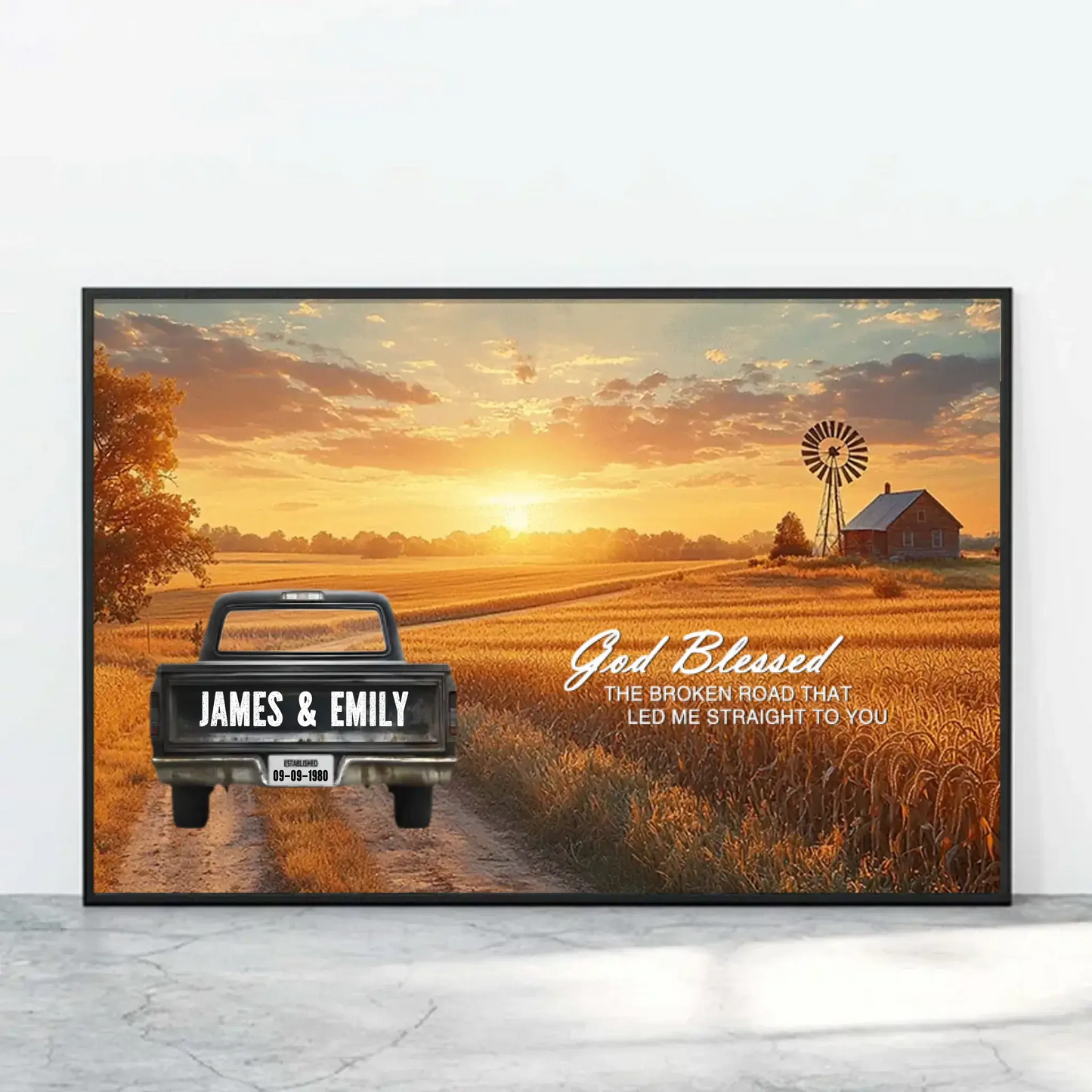God Blessed The Broken Road Personalized Truck Canvas – Custom Couple Name Wall Art, Romantic Country Sunset Print Gift for Anniversary, Wedding, Valentine’s Day Ezcustomize