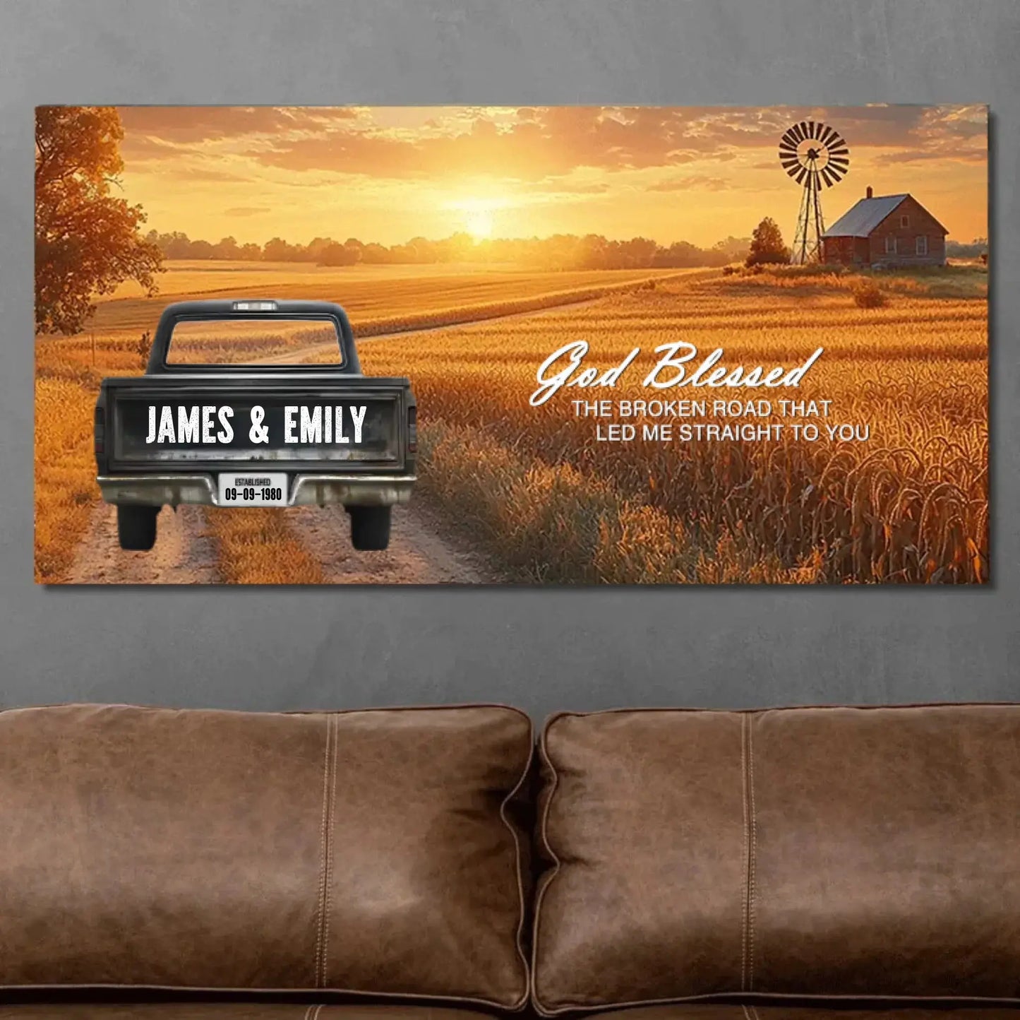 God Blessed The Broken Road Personalized Truck Canvas – Custom Couple Name Wall Art, Romantic Country Sunset Print Gift for Anniversary, Wedding, Valentine’s Day Ezcustomize