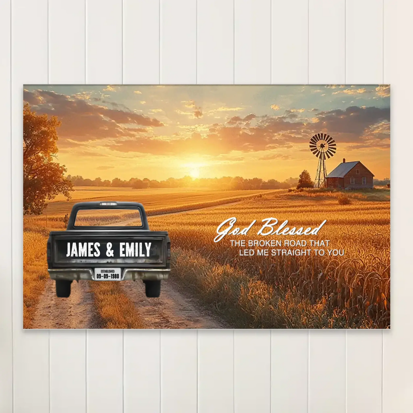 God Blessed The Broken Road Personalized Truck Canvas – Custom Couple Name Wall Art, Romantic Country Sunset Print Gift for Anniversary, Wedding, Valentine’s Day Ezcustomize