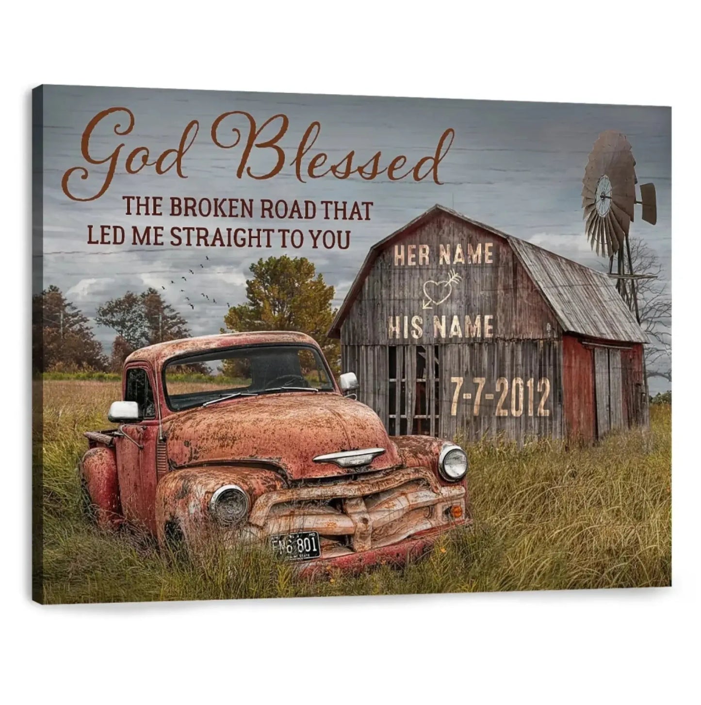 God Blessed The Broken Road That Led Me Straight To You – Personalized Farmhouse Wall Art, Gift for Couples, Anniversary or Valentine's Day Ezcustomize