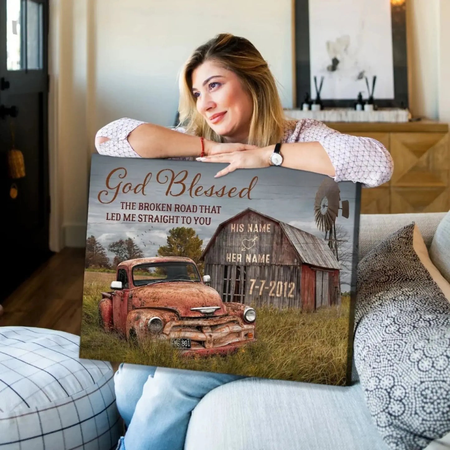 God Blessed The Broken Road That Led Me Straight To You – Personalized Farmhouse Wall Art, Gift for Couples, Anniversary or Valentine's Day Ezcustomize
