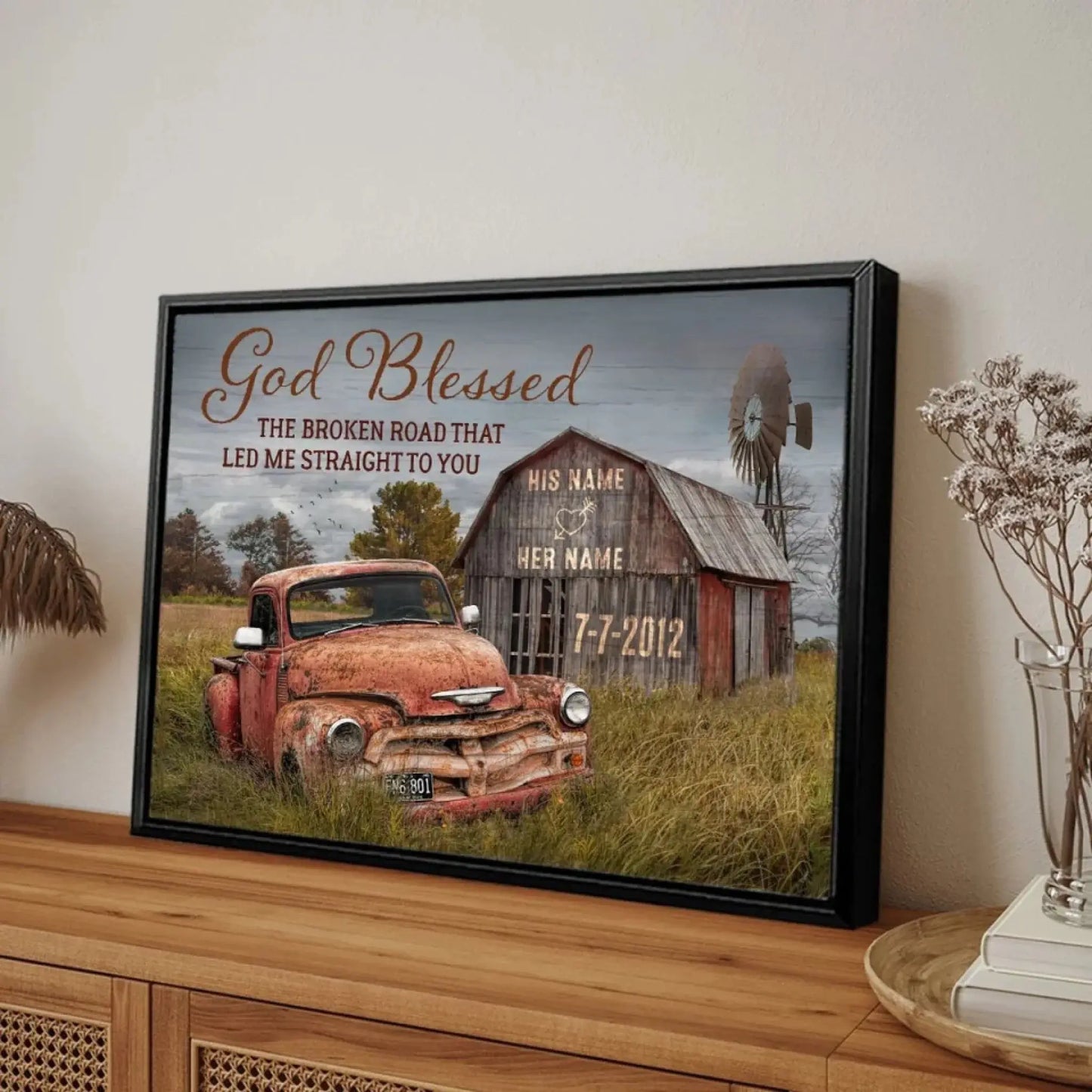 God Blessed The Broken Road That Led Me Straight To You – Personalized Farmhouse Wall Art, Gift for Couples, Anniversary or Valentine's Day Ezcustomize