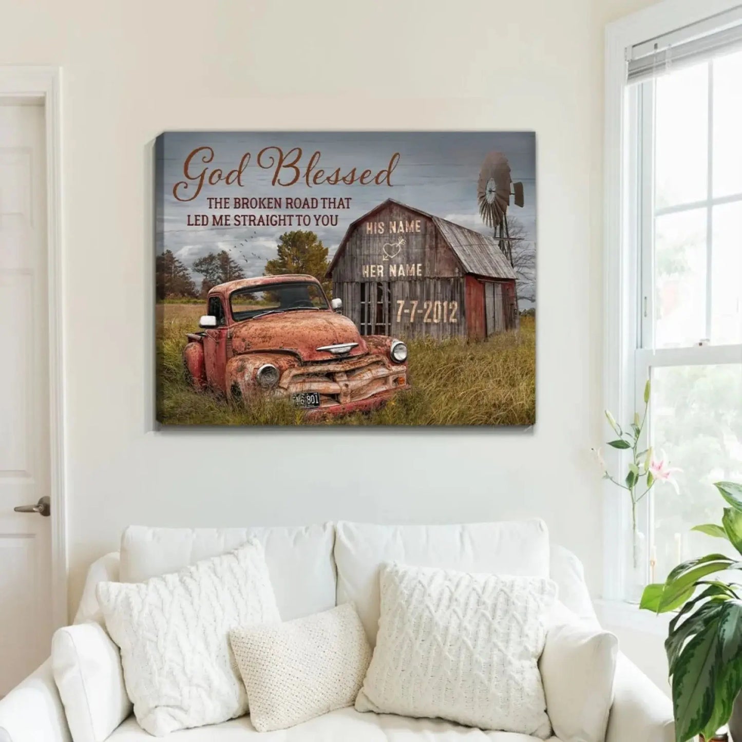 God Blessed The Broken Road That Led Me Straight To You – Personalized Farmhouse Wall Art, Gift for Couples, Anniversary or Valentine's Day Ezcustomize