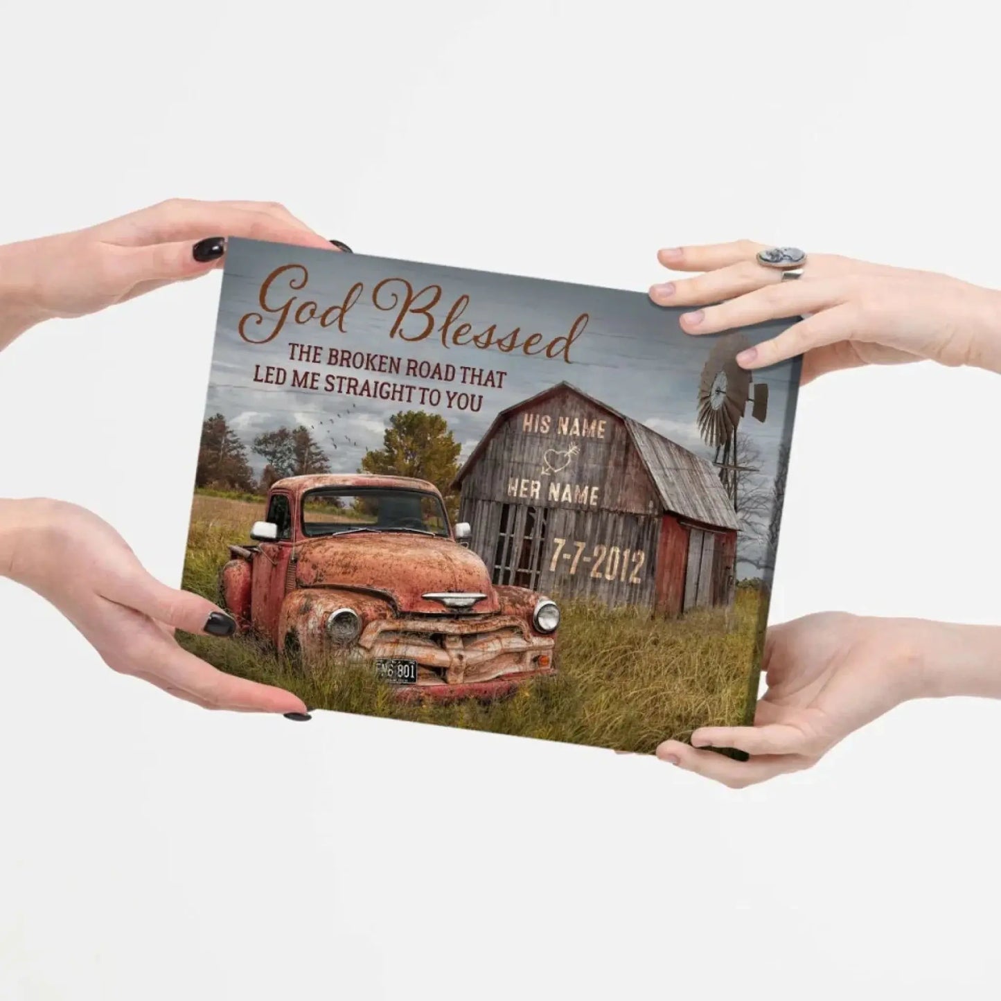 God Blessed The Broken Road That Led Me Straight To You – Personalized Farmhouse Wall Art, Gift for Couples, Anniversary or Valentine's Day Ezcustomize