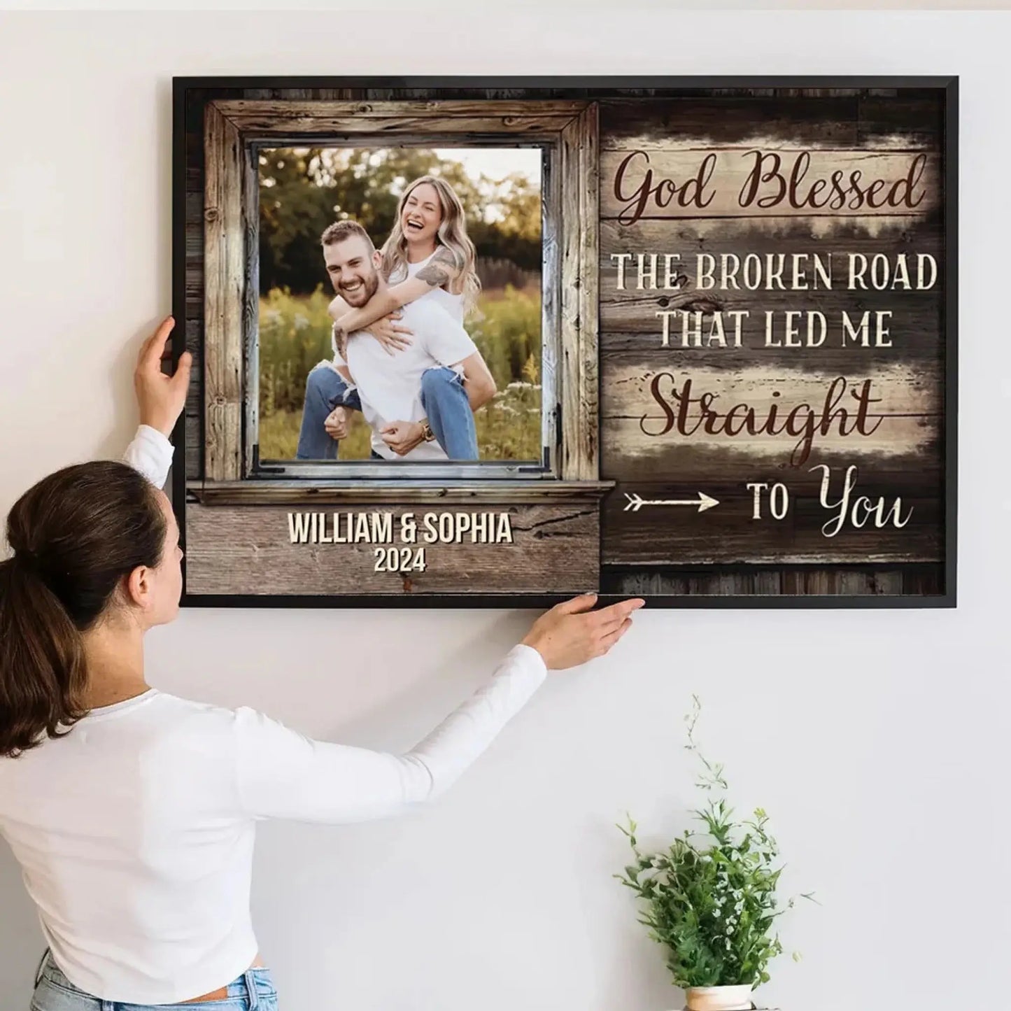 God Blessed The Broken Road – Custom Photo Poster/Canvas with Names – Personalized Religious Couple Gift for Anniversary or Valentine’s Day Ezcustomize