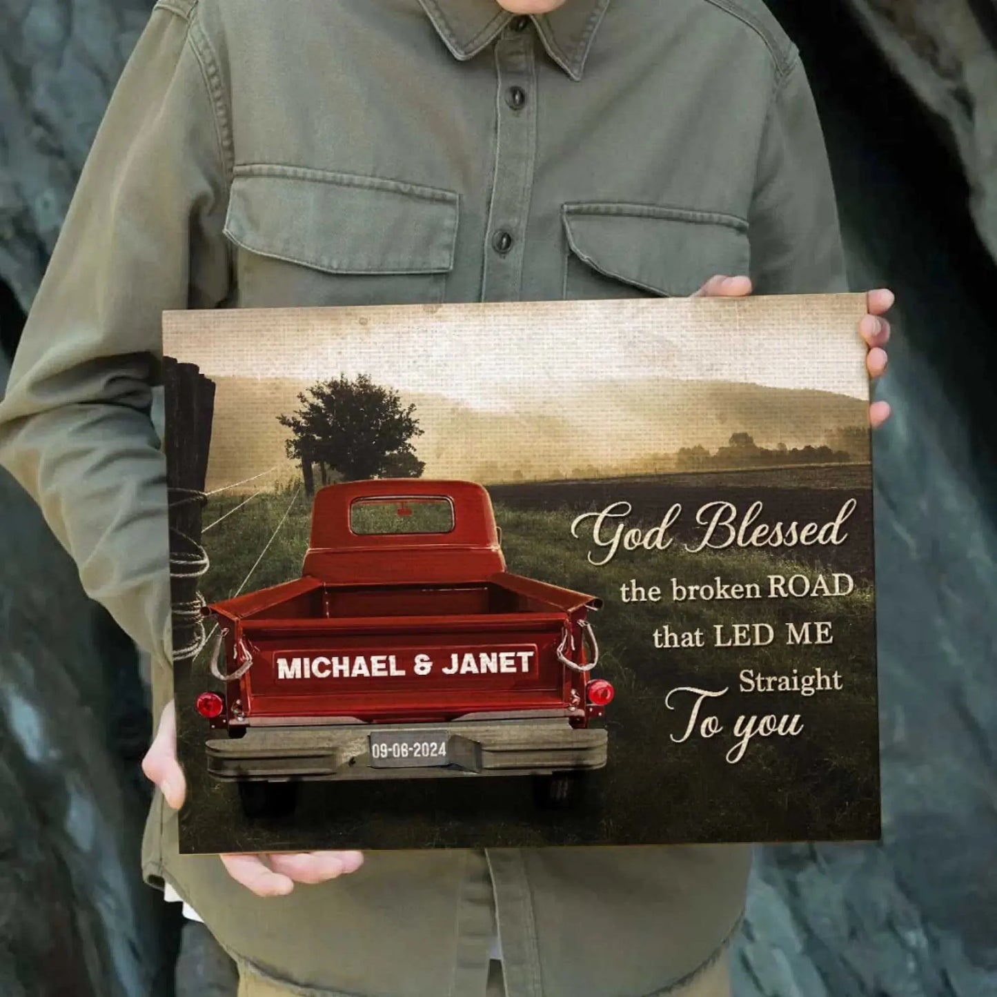 God Blessed The Broken Road – Personalized Vintage Truck Photo Canvas/Poster with Couple Names – Romantic Wall Art Gift for Him or Her Ezcustomize