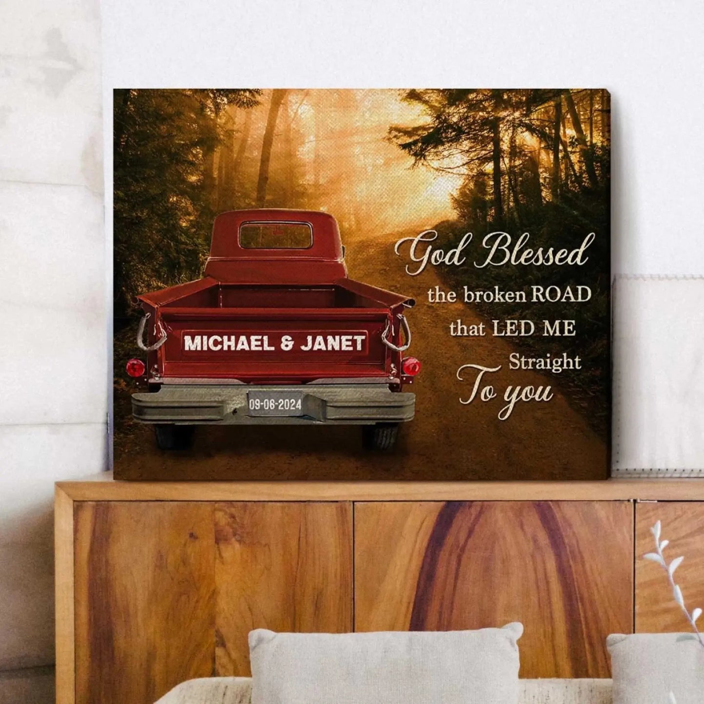 God Blessed The Broken Road – Personalized Vintage Truck Photo Canvas/Poster with Couple Names – Romantic Wall Art Gift for Him or Her Ezcustomize