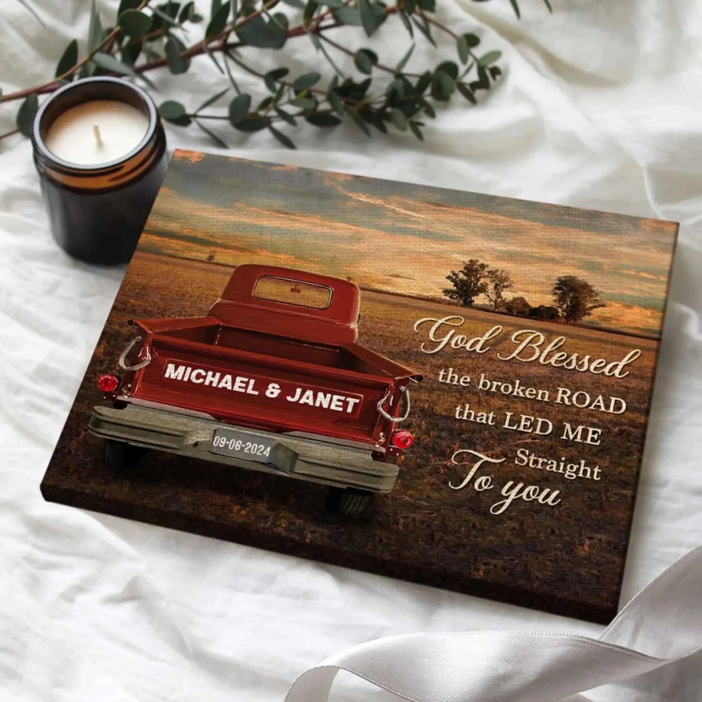 God Blessed The Broken Road – Personalized Vintage Truck Photo Canvas/Poster with Couple Names – Romantic Wall Art Gift for Him or Her Ezcustomize