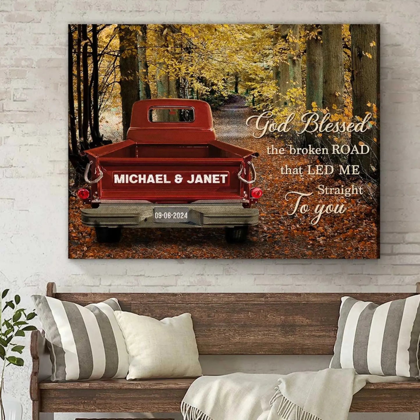 God Blessed The Broken Road – Personalized Vintage Truck Photo Canvas/Poster with Couple Names – Romantic Wall Art Gift for Him or Her Ezcustomize