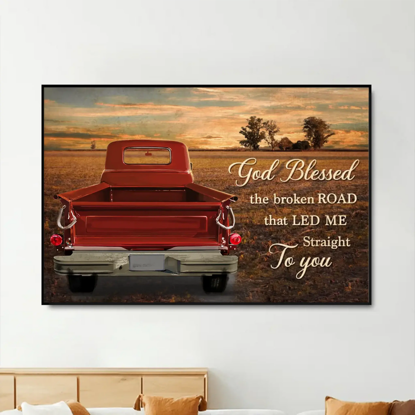 God Blessed The Broken Road – Personalized Vintage Truck Photo Canvas/Poster with Couple Names – Romantic Wall Art Gift for Him or Her Ezcustomize