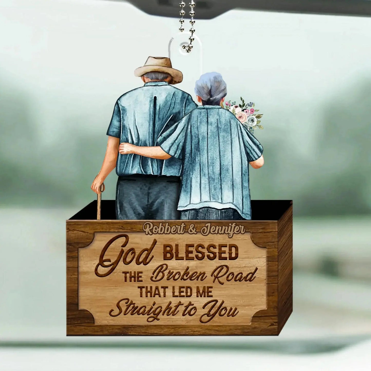 God Blessed the Broken Road Old Couple Car Hanger – Personalized Acrylic Ornament with Custom Names – Romantic Gift for Husband and Wife Ezcustomize