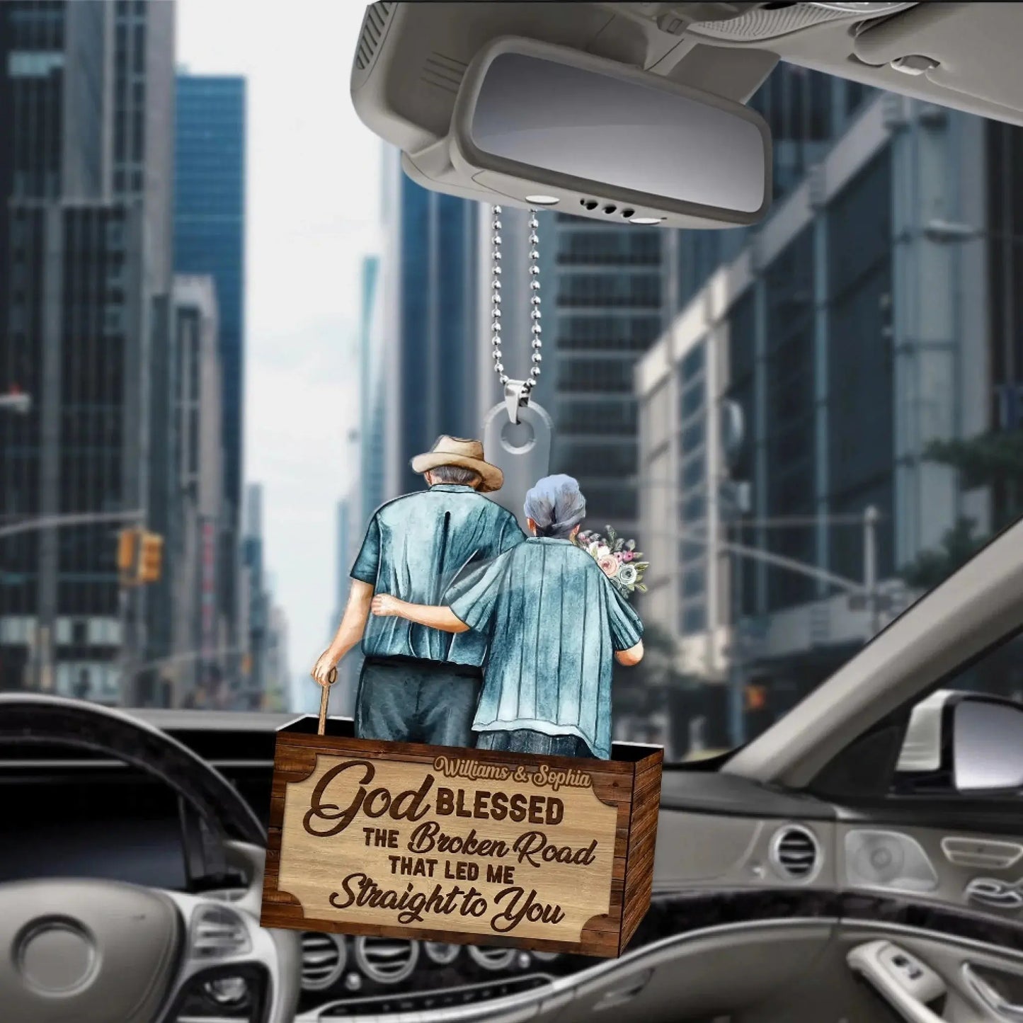 God Blessed the Broken Road Old Couple Car Hanger – Personalized Acrylic Ornament with Custom Names – Romantic Gift for Husband and Wife Ezcustomize