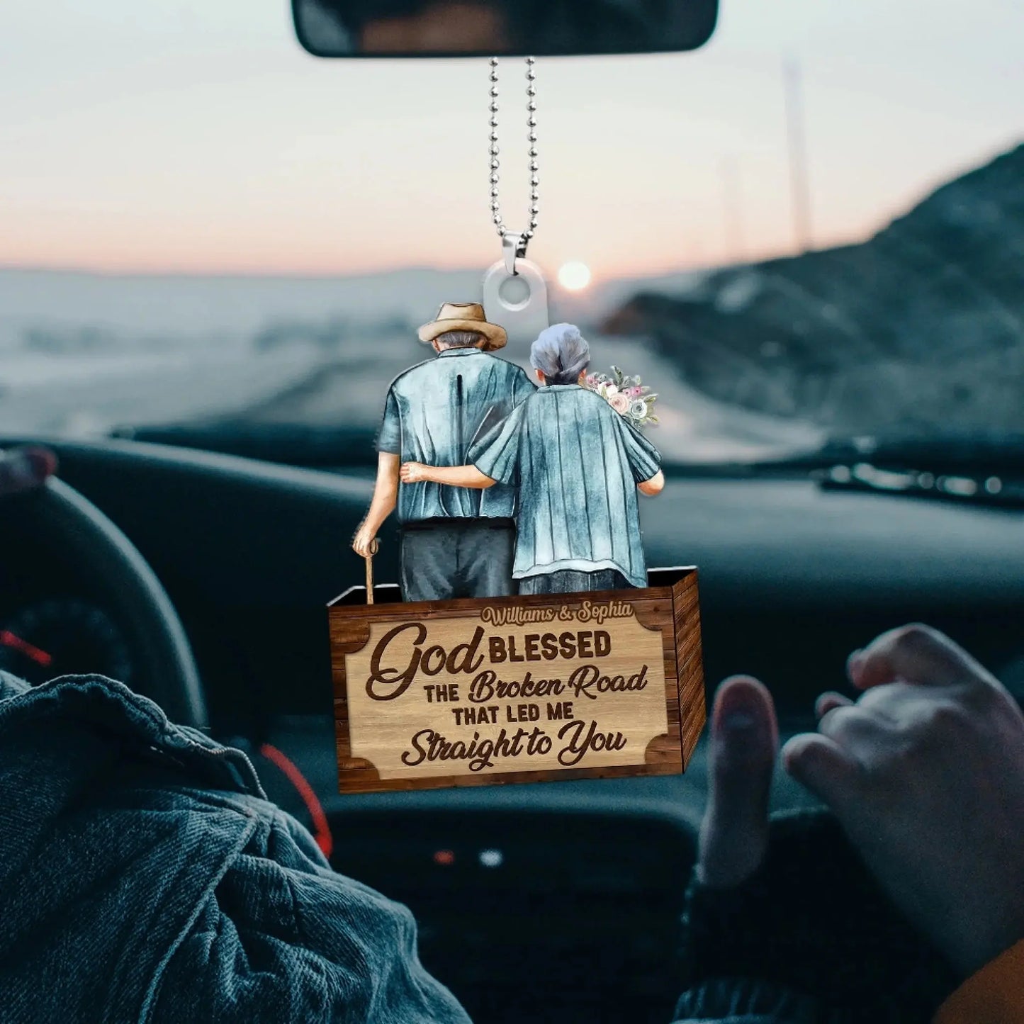 God Blessed the Broken Road Old Couple Car Hanger – Personalized Acrylic Ornament with Custom Names – Romantic Gift for Husband and Wife Ezcustomize