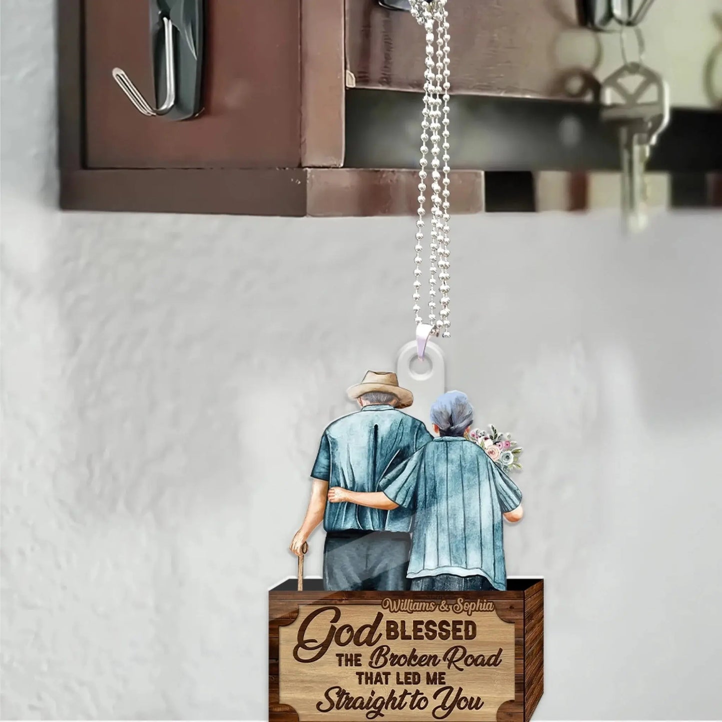 God Blessed the Broken Road Old Couple Car Hanger – Personalized Acrylic Ornament with Custom Names – Romantic Gift for Husband and Wife Ezcustomize