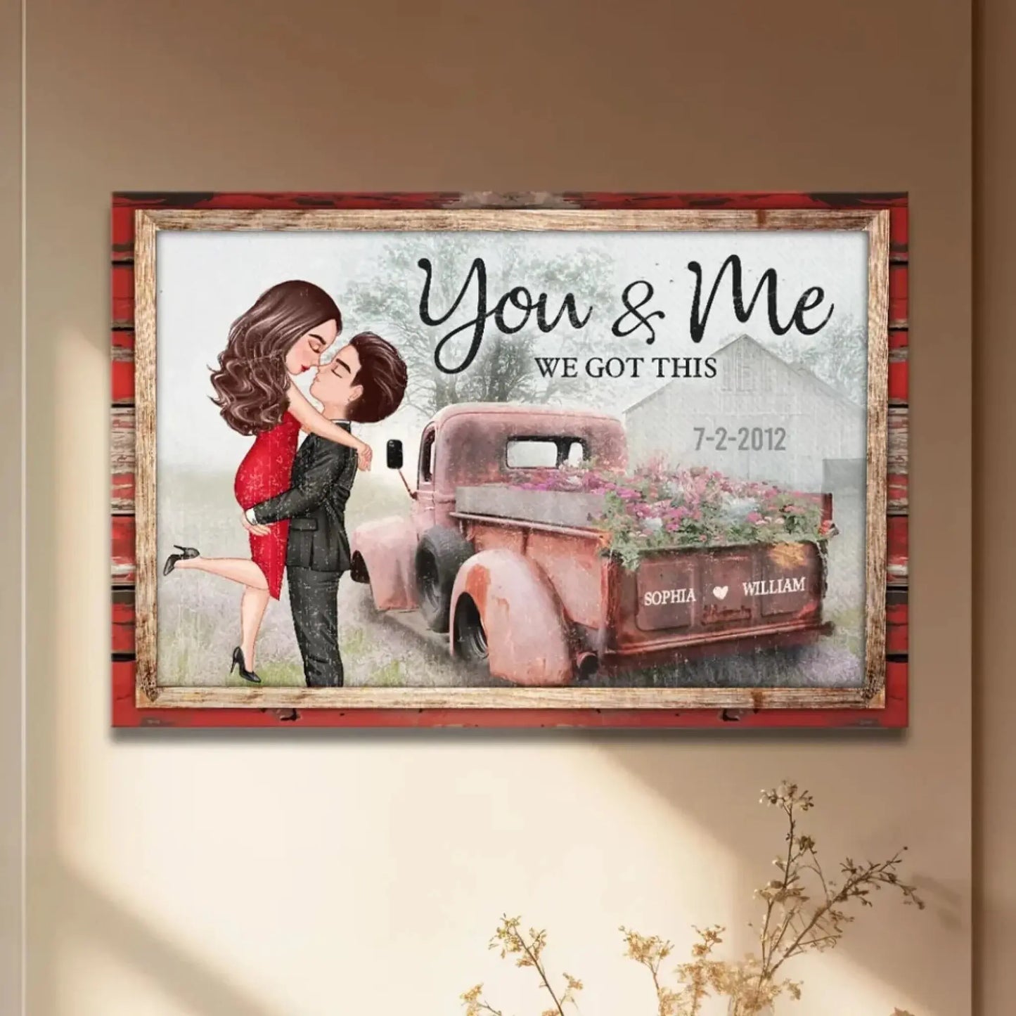 God Knew My Heart Needed You – Personalized Hugging Couple Red Truck Canvas, Romantic Farmhouse Wall Art Gift for Him or Her Ezcustomize